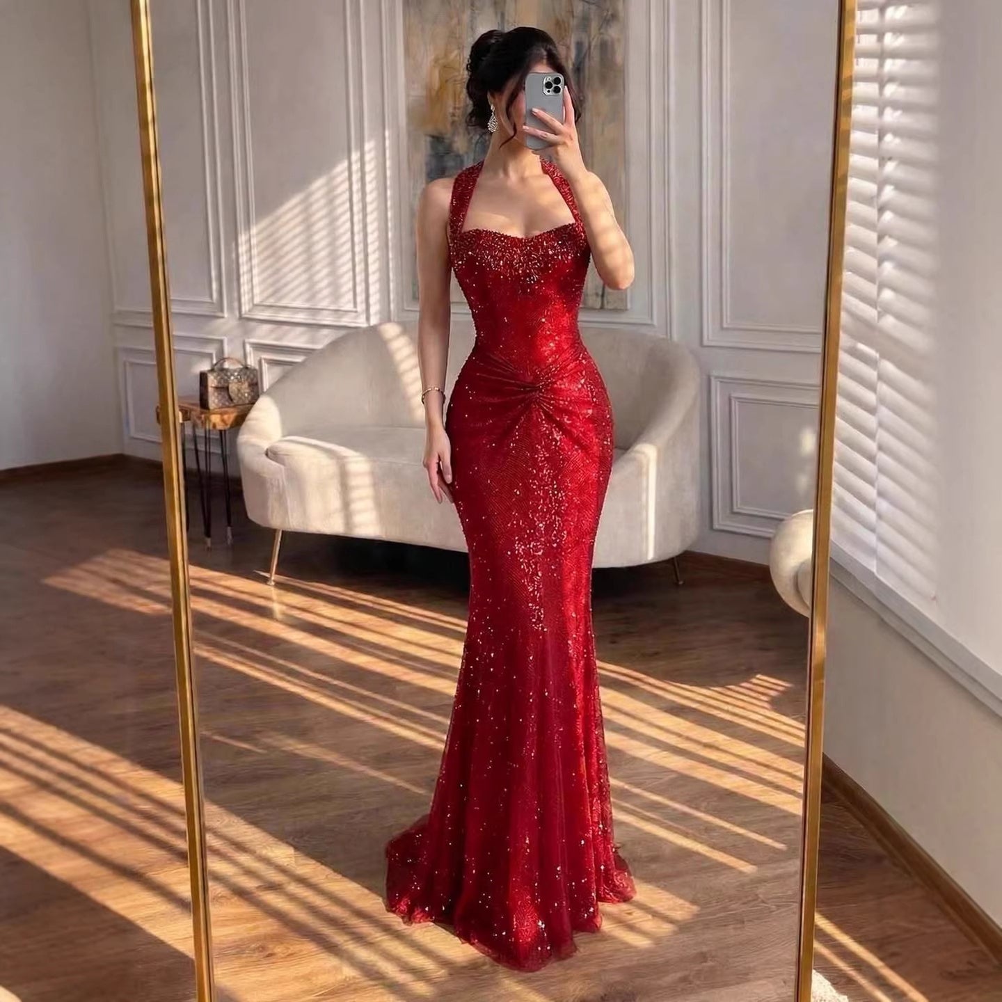 Luxury Gold Halter Crystal Beaded Mermaid Evening Dress LA73410B Gold / 6 Luxury Gold Halter Crystal Beaded Mermaid Evening Dress LA73410B Gold / 6