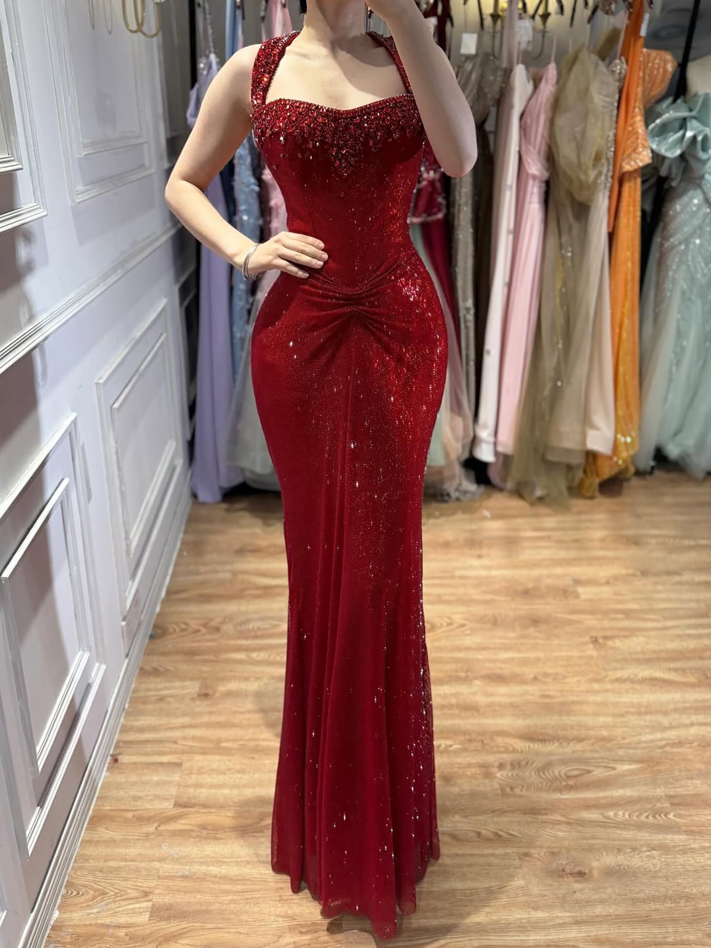 Luxury Gold Halter Crystal Beaded Mermaid Evening Dress LA73410B - SERENE HILL