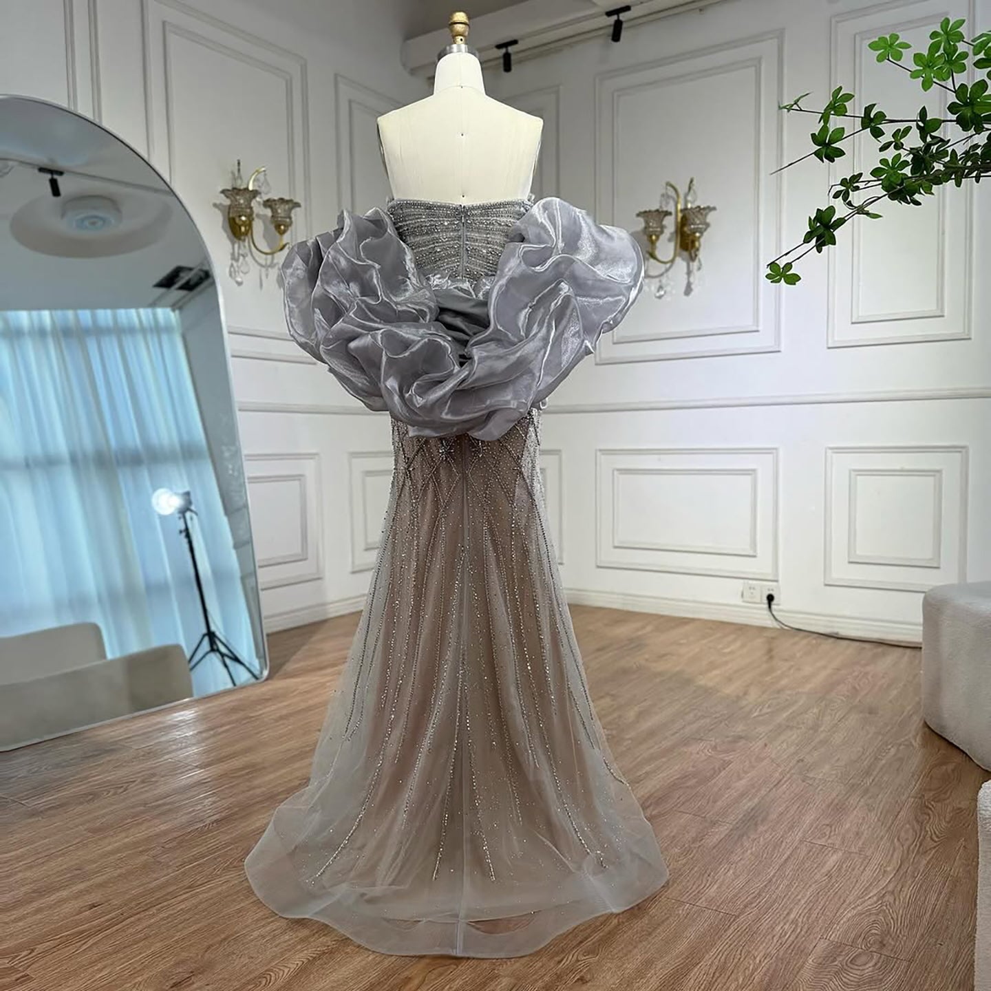 Serene Hill Beaded Gray Diamond Evening Dress With Cape LA73411 - SERENE HILL