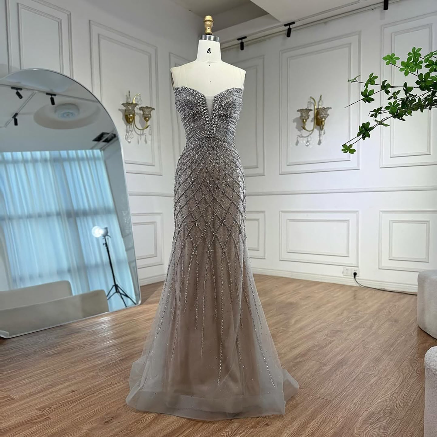 Serene Hill Beaded Gray Diamond Evening Dress With Cape LA73411 - SERENE HILL