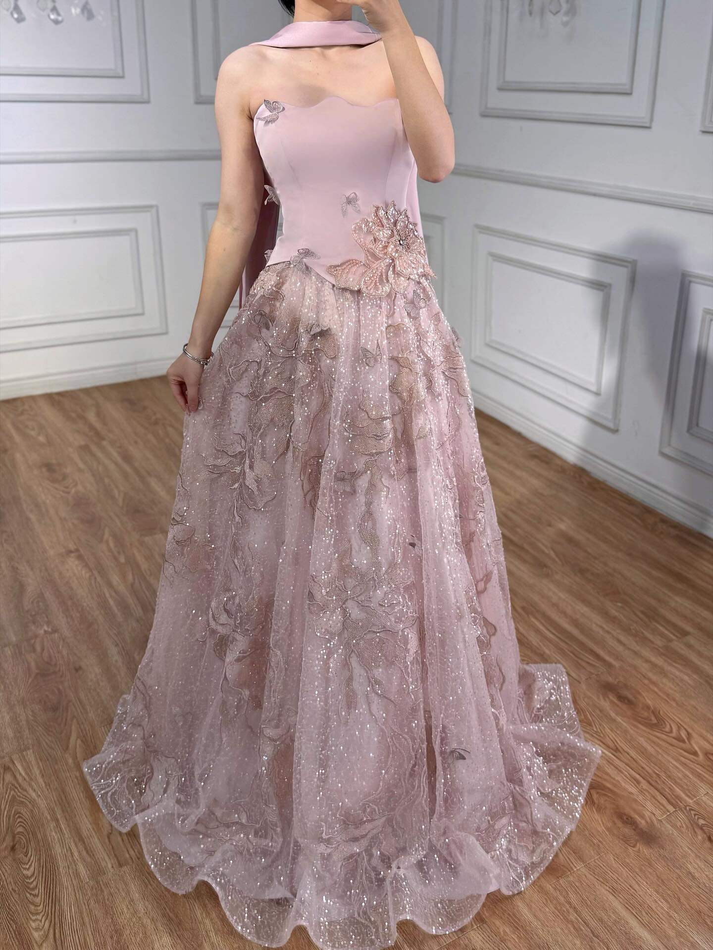 Luxury Designer Arabic Pink Strapless A-Line Crystal Evening Dress LA73415 - SERENE HILL