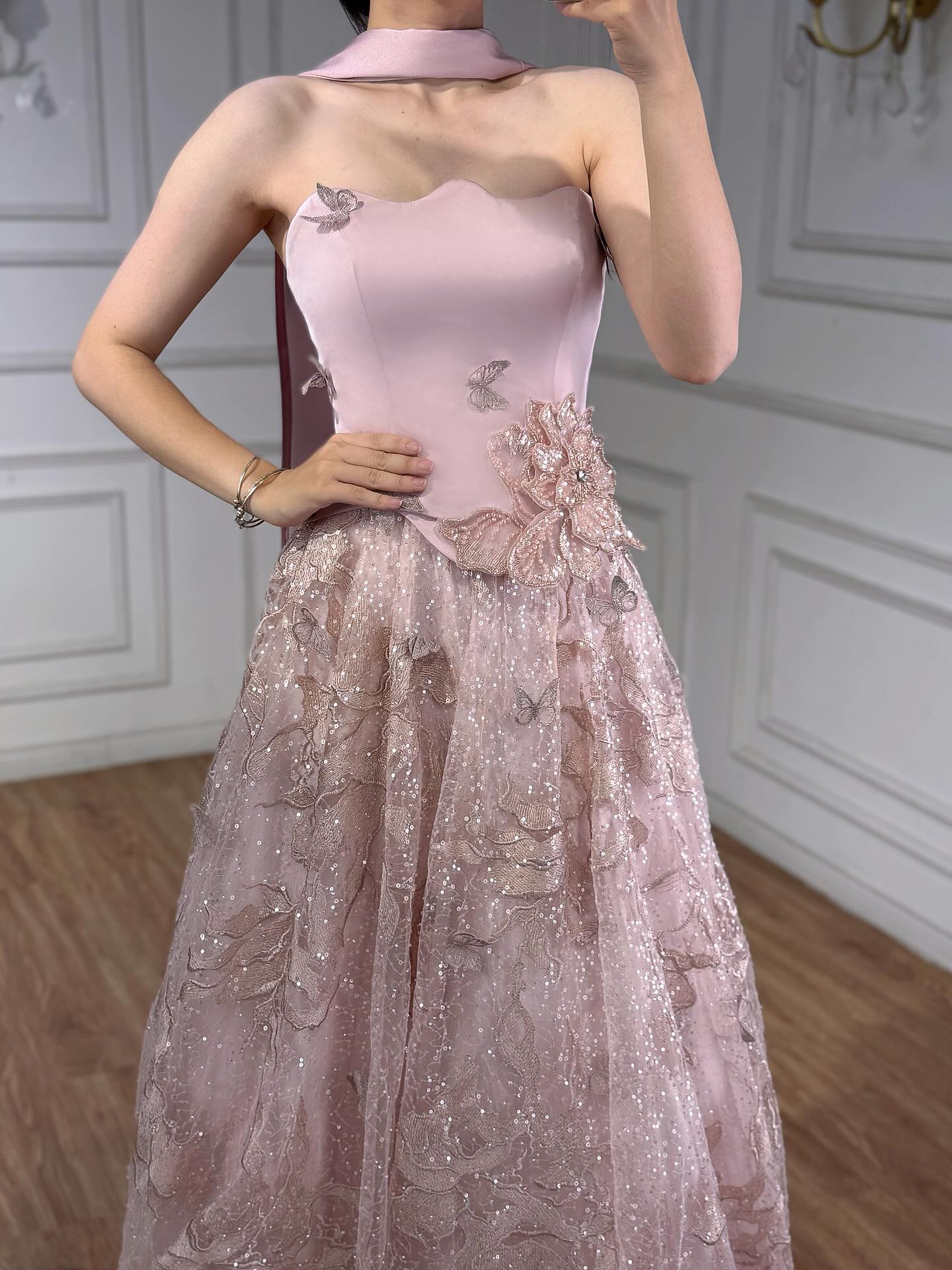 Luxury Designer Arabic Pink Strapless A-Line Crystal Evening Dress LA73415 - SERENE HILL