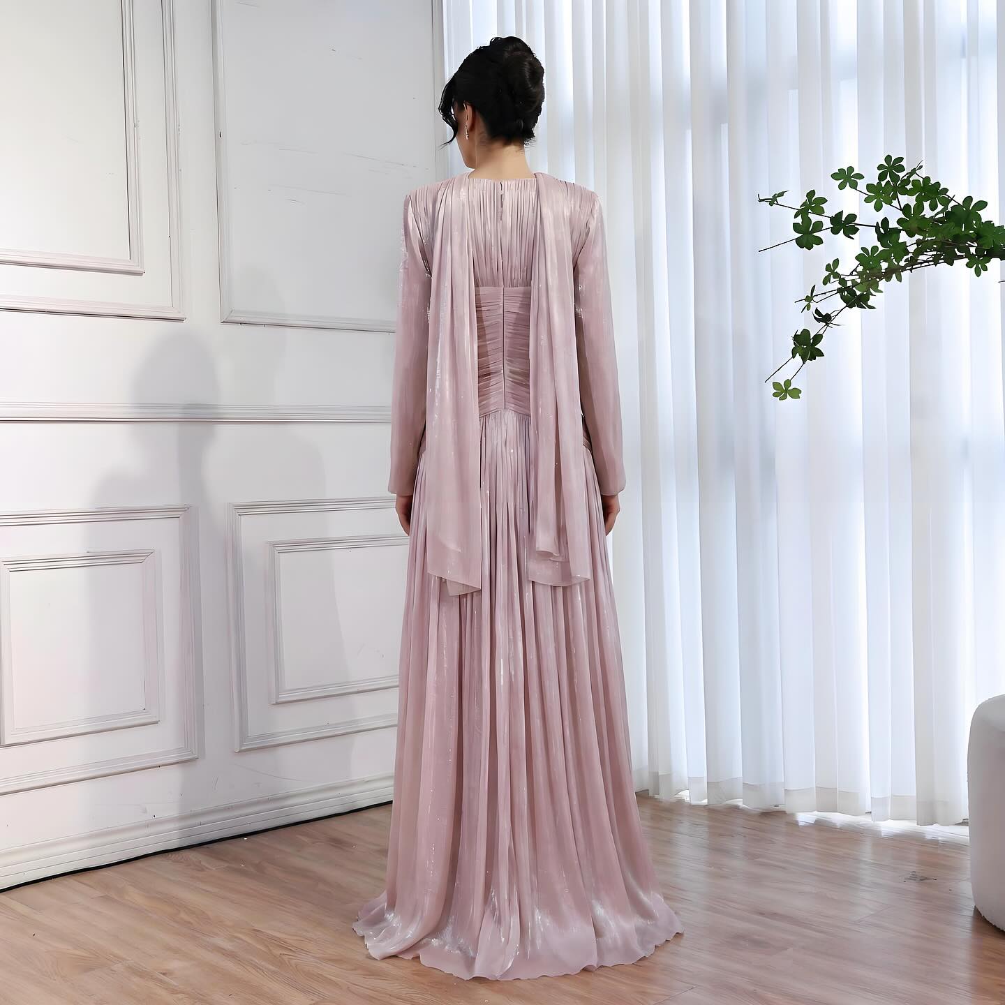 Modest Beige Corset Long Evening Dress With Cape LA73418 - SERENE HILL