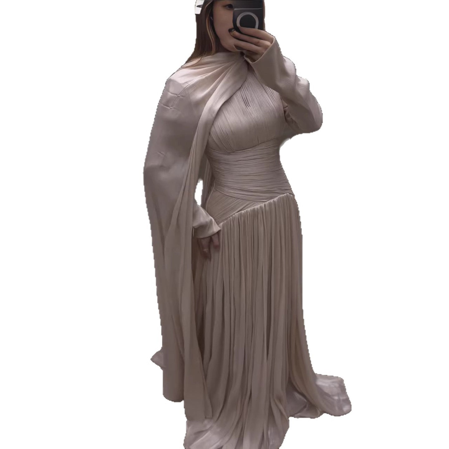 Modest Beige Corset Long Evening Dress With Cape LA73418 - SERENE HILL
