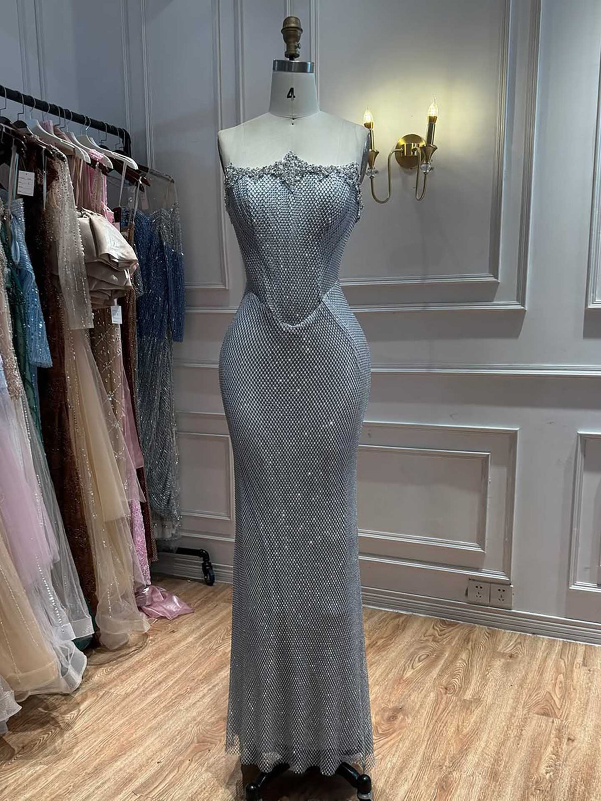 Luxury Nude Crystal Beaded Mermaid Evening Dress with Long Gloves LA73422