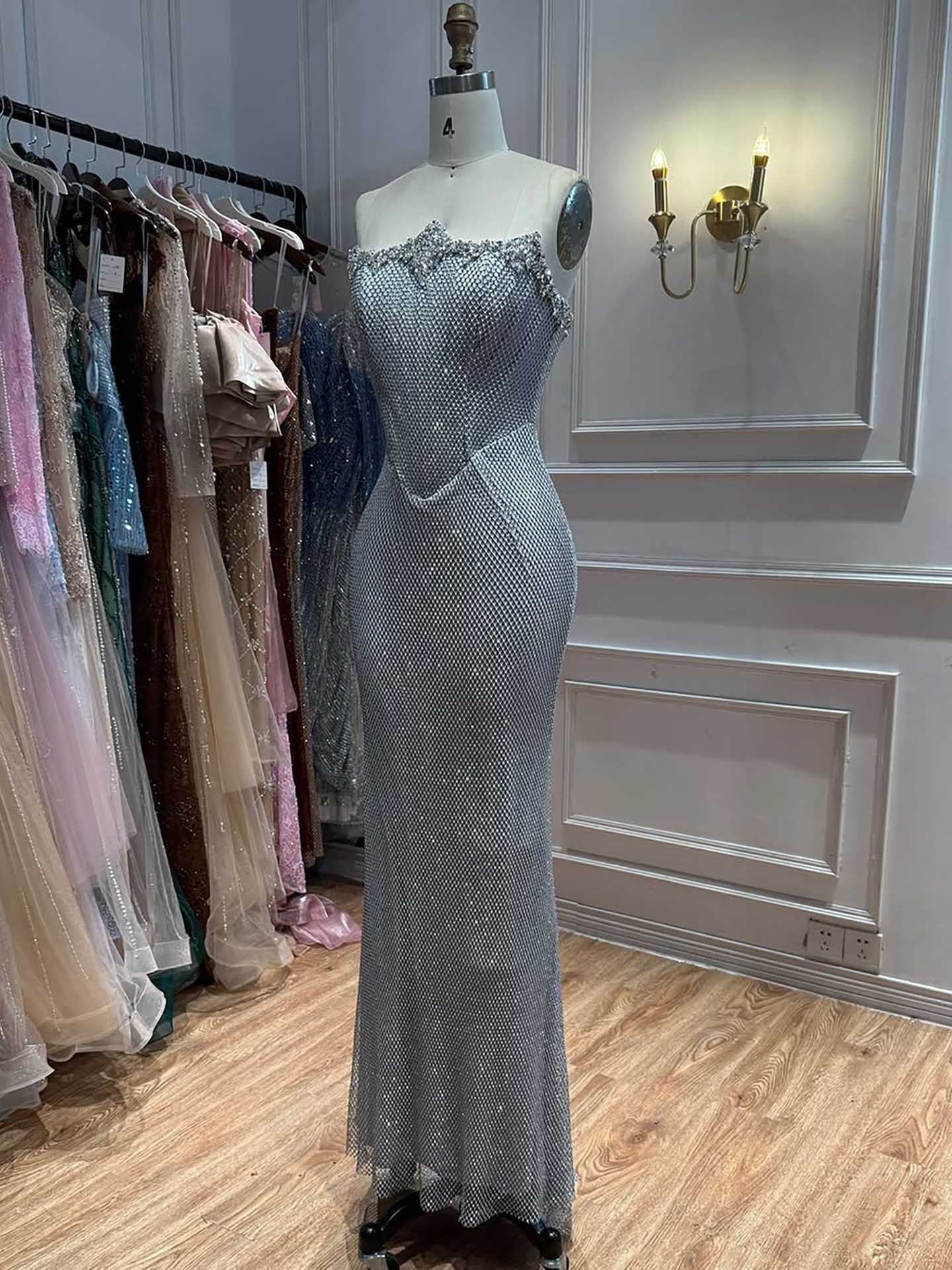 Luxury Nude Crystal Beaded Mermaid Evening Dress with Long Gloves LA73422
