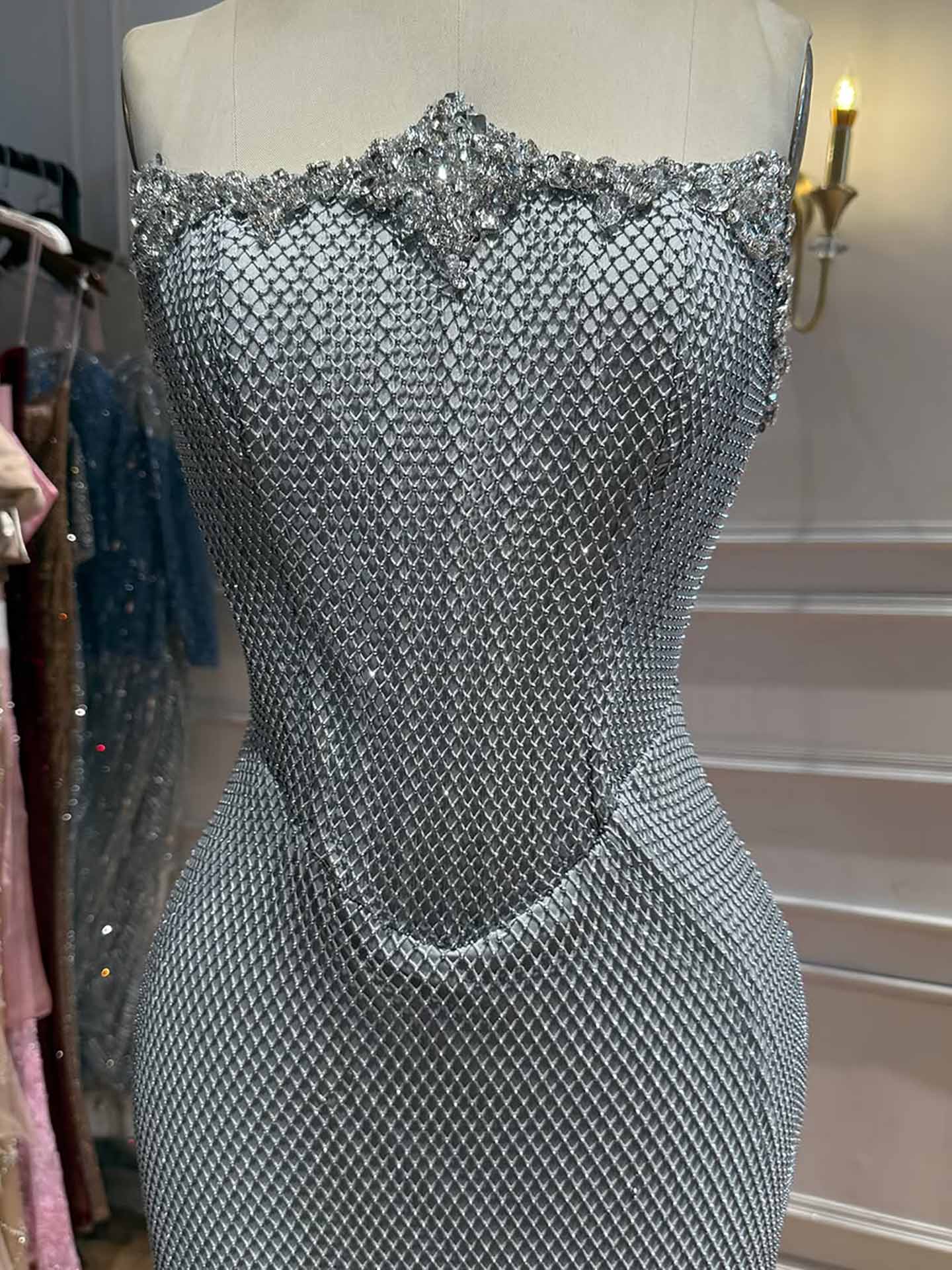 Luxury Nude Crystal Beaded Mermaid Evening Dress with Long Gloves LA73422