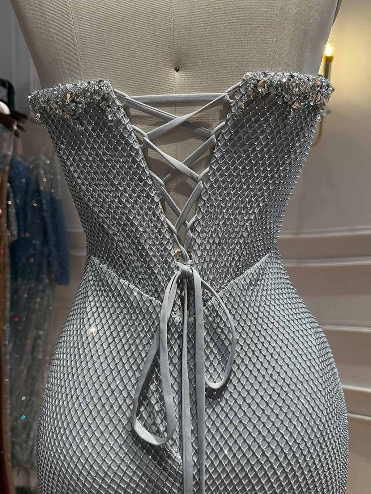 Luxury Nude Crystal Beaded Mermaid Evening Dress with Long Gloves LA73422