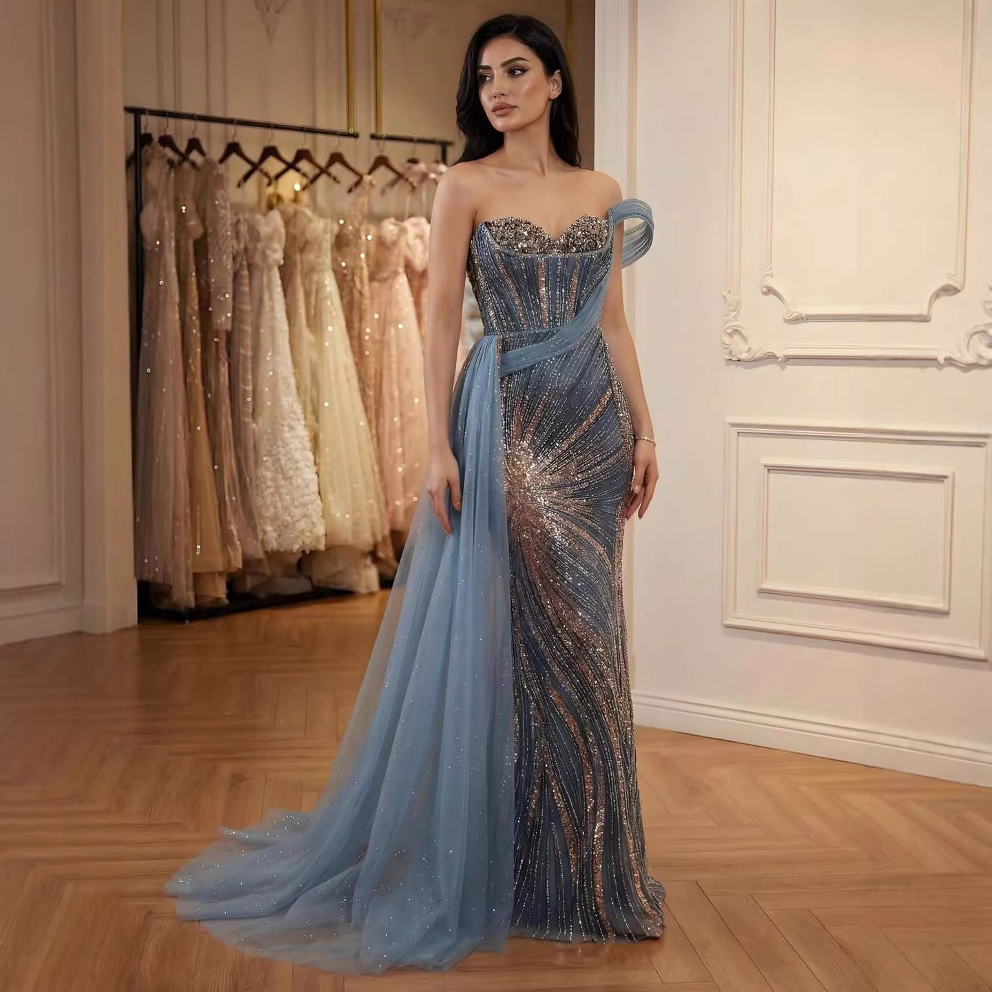 Luxury Blue Crystal Beaded One Shoulder Mermaid Evening Dress LA73425 - SERENE HILL