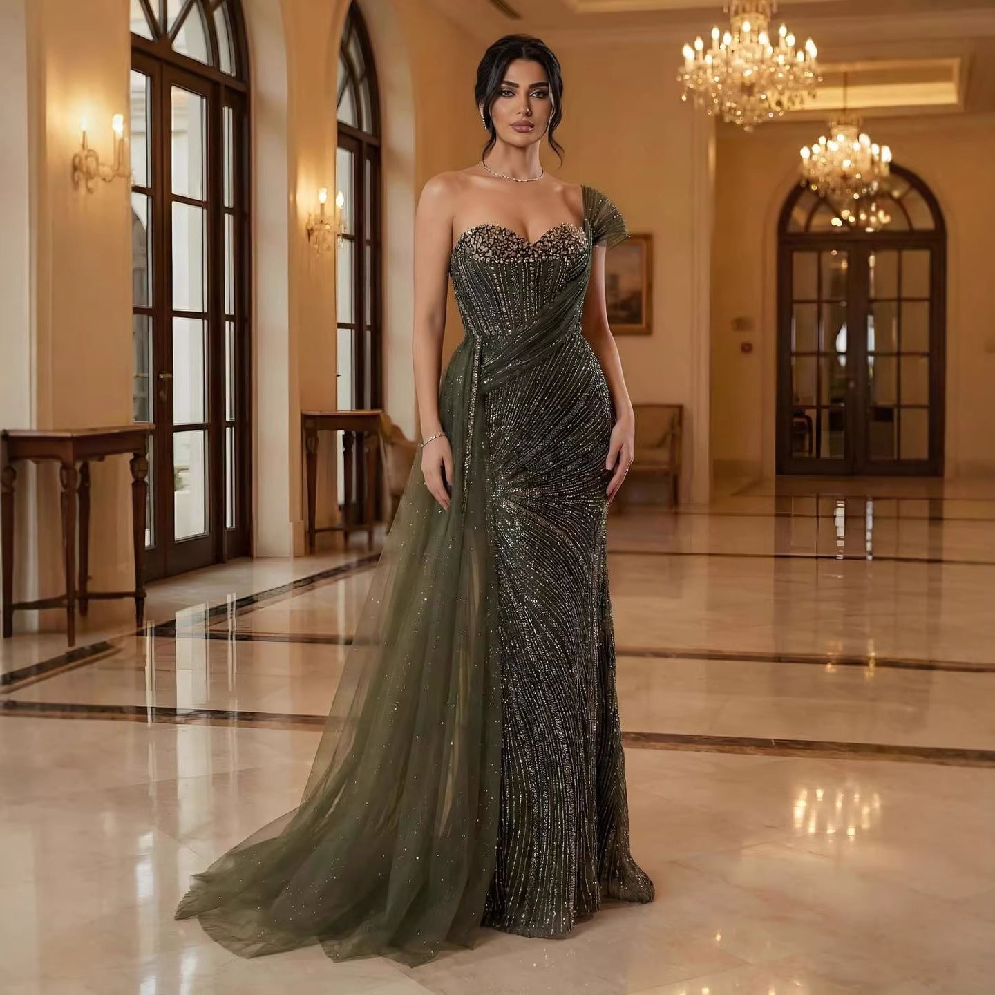 Luxury Blue Crystal Beaded One Shoulder Mermaid Evening Dress LA73425 - SERENE HILL
