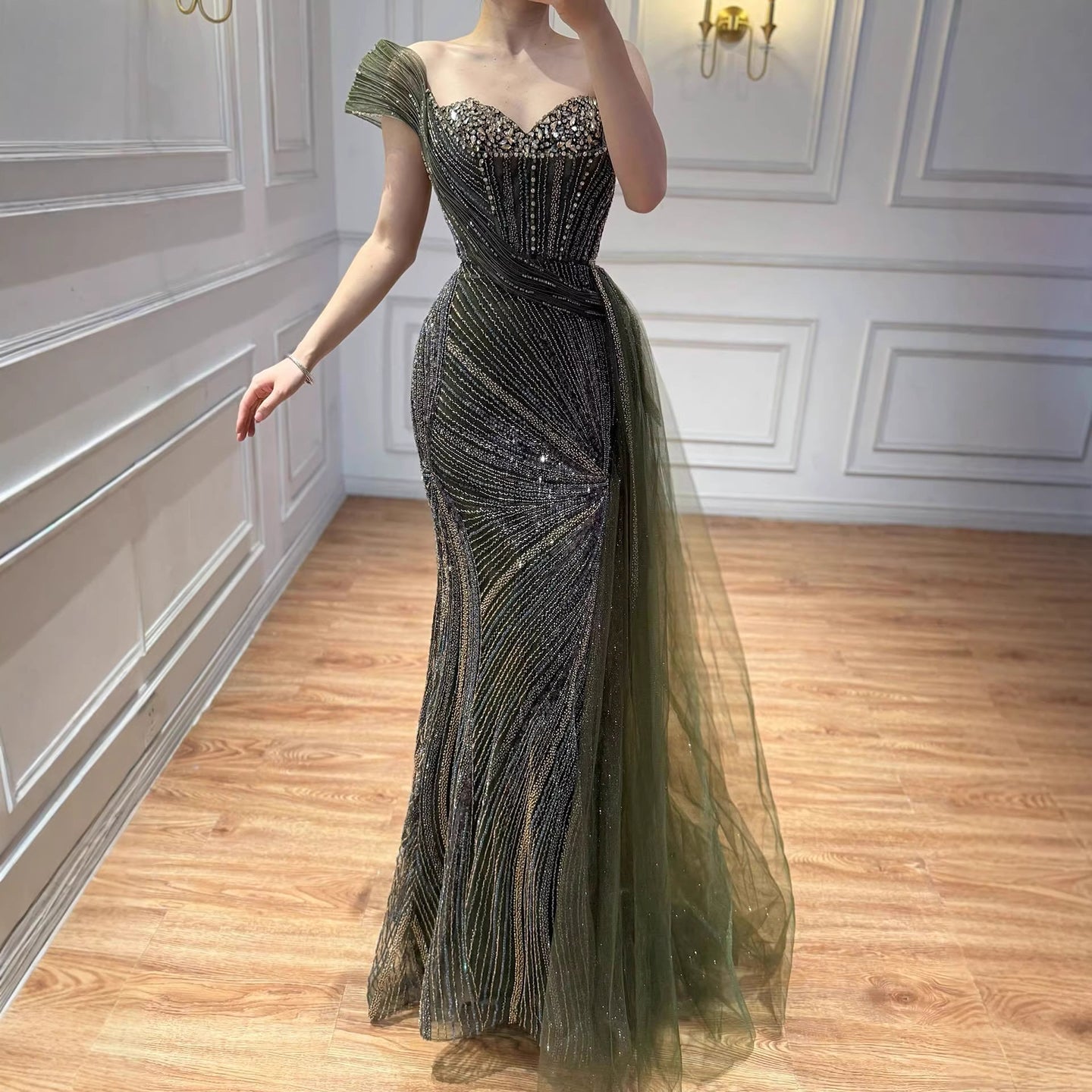 Luxury Blue Crystal Beaded One Shoulder Mermaid Evening Dress LA73425 - SERENE HILL