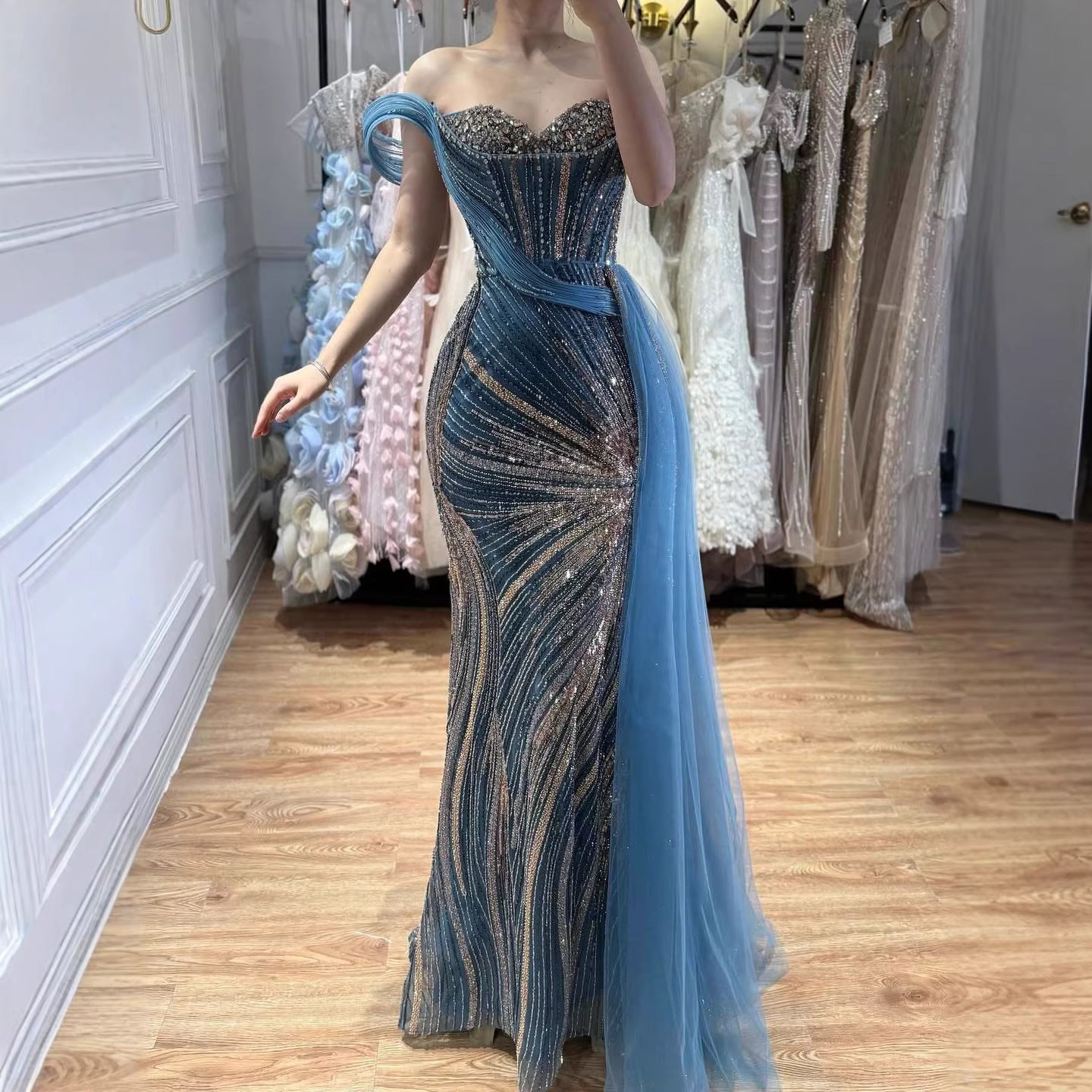 Luxury Blue Crystal Beaded One Shoulder Mermaid Evening Dress LA73425 - SERENE HILL
