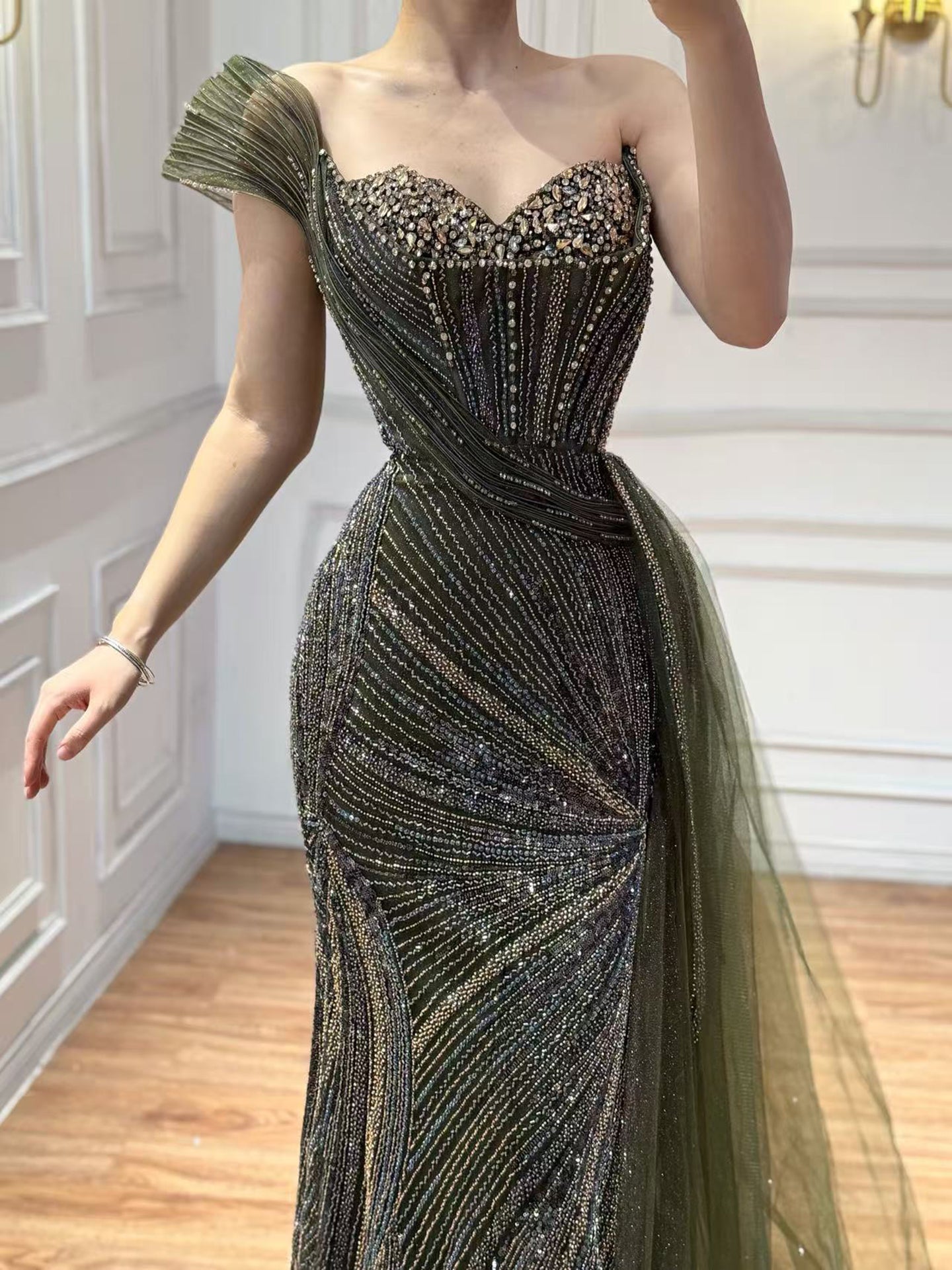 Luxury Blue Crystal Beaded One Shoulder Mermaid Evening Dress LA73425 - SERENE HILL