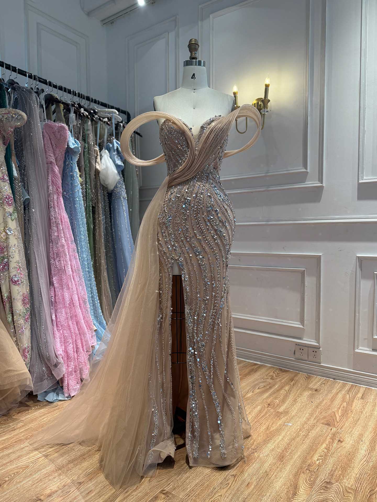 Luxury Nude Sequin Beaded Mermaid Dress With High Slit LA73425B SERENE HILL