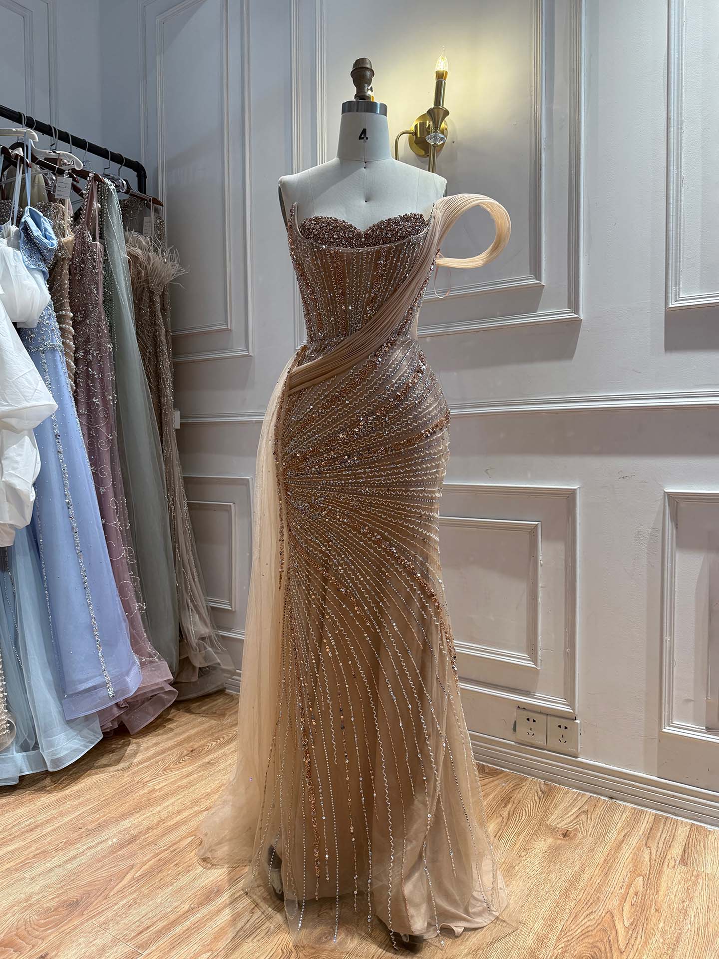 Luxury Nude Sequin Beaded Mermaid Dress With High Slit LA73425B SERENE HILL