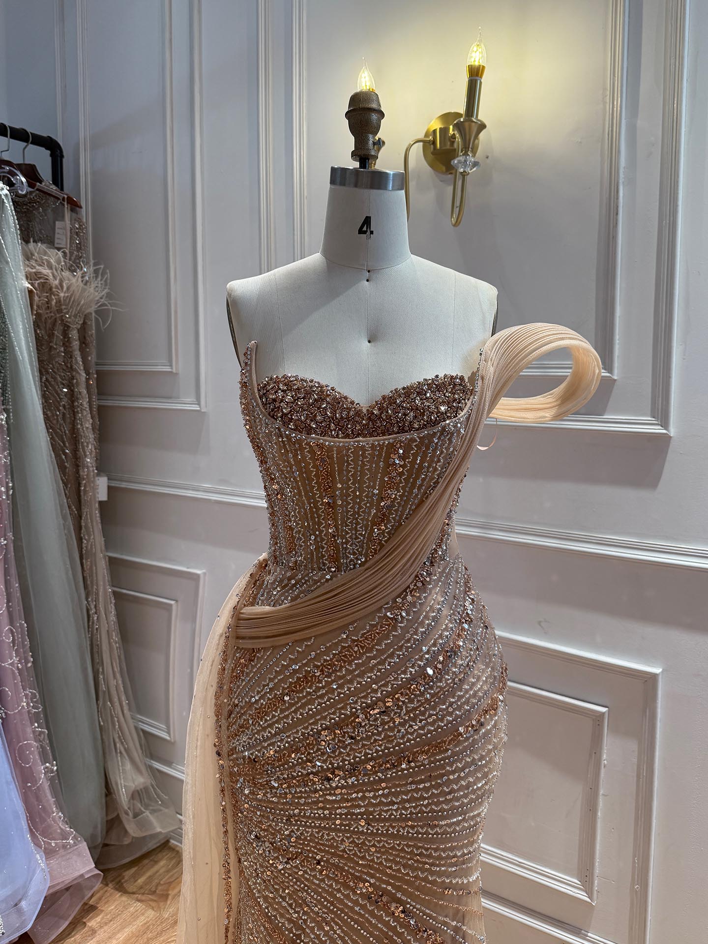 Luxury Nude Sequin Beaded Mermaid Dress With High Slit LA73425B SERENE HILL