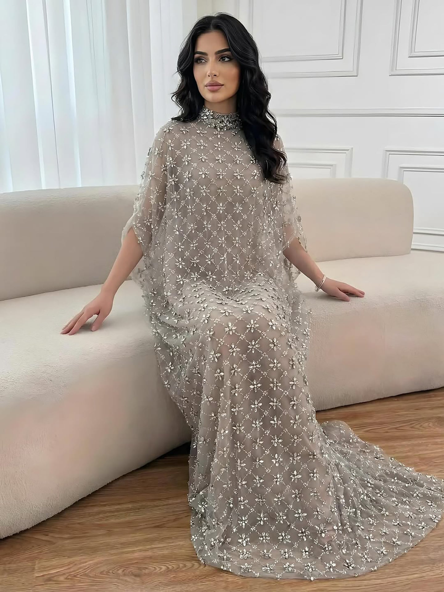 Serene Hill Grey Nude Jasmiko Diamond Beaded Evening Dress LA73428 - SERENE HILL