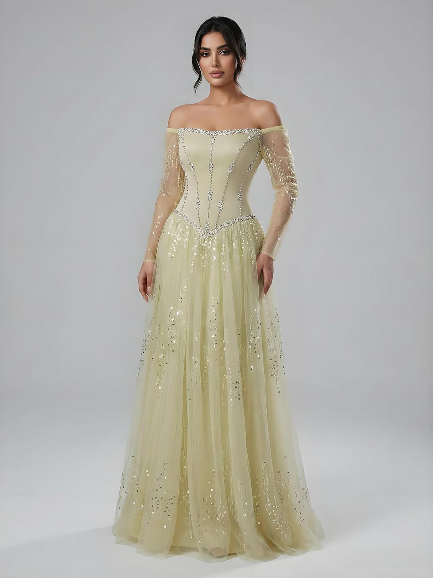 Luxury Arabic Blue Off Shoulder Beaded A-Line Evening Dress with Sleeves LA73464