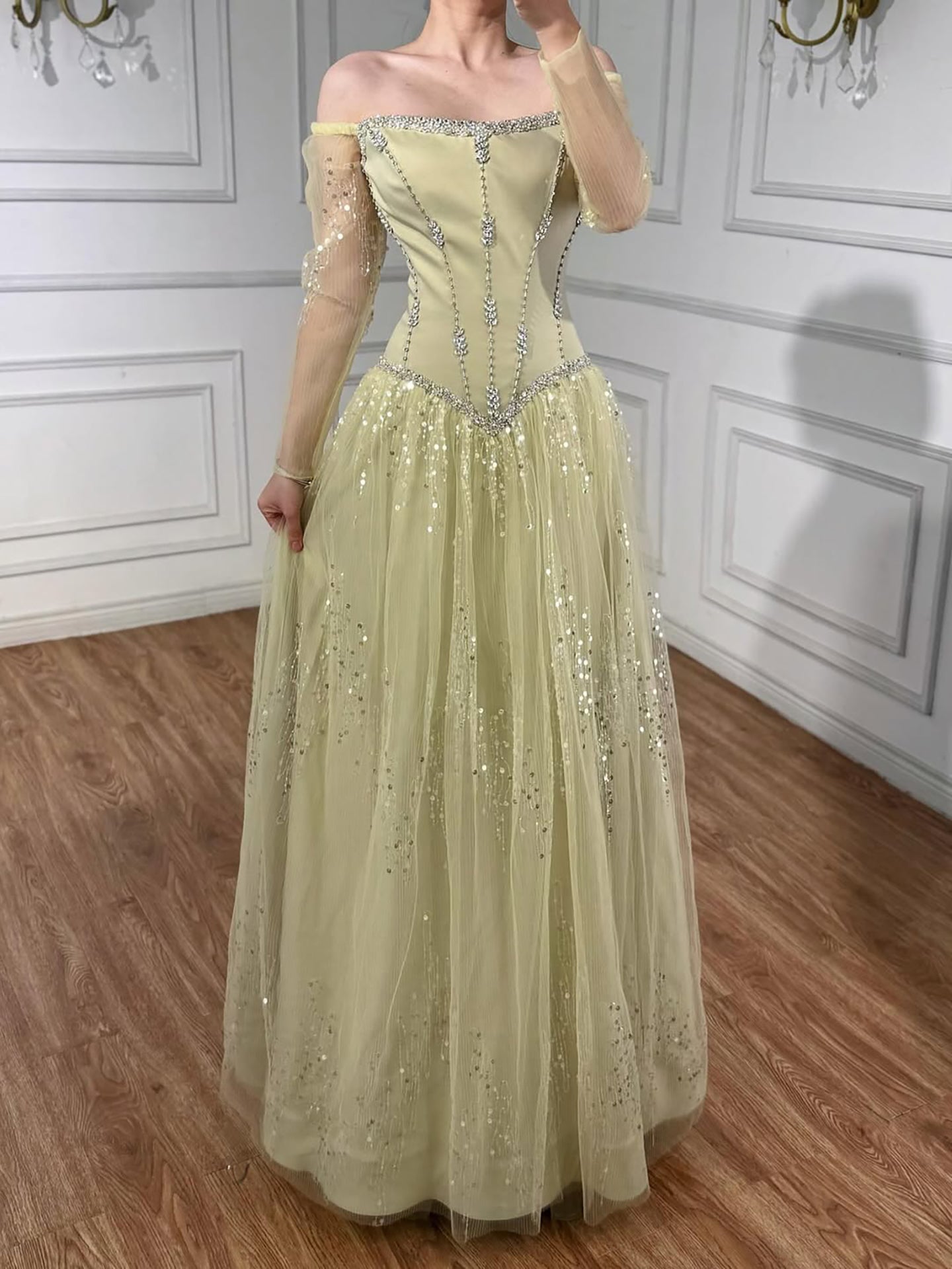 Luxury Arabic Blue Off Shoulder Beaded A-Line Evening Dress with Sleeves LA73464