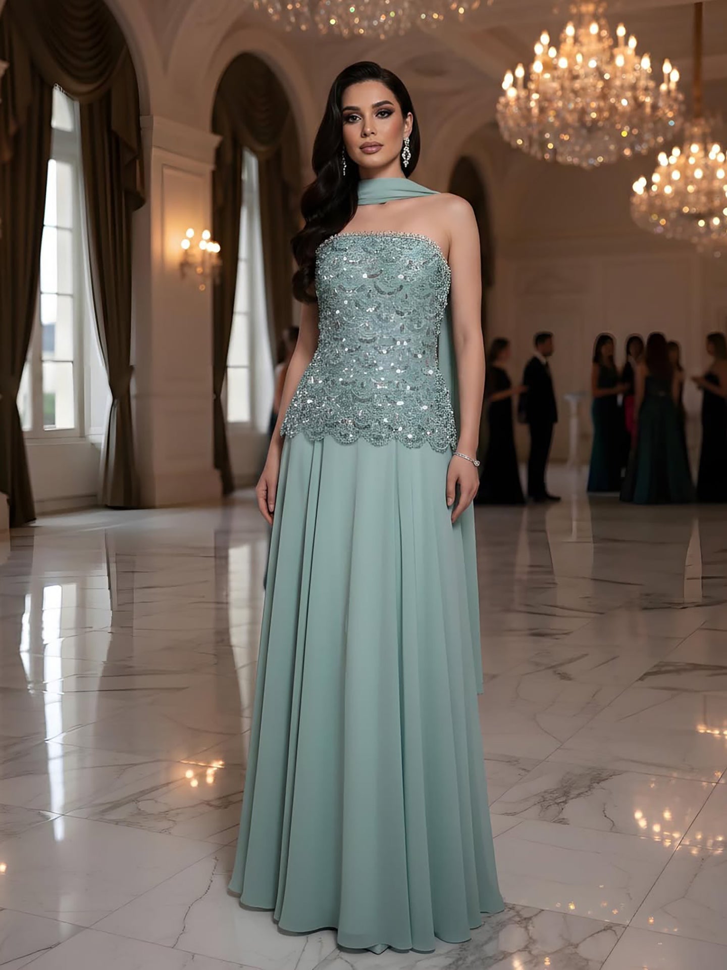 Luxury Sage Green Strapless Beaded A-Line Evening Dress LA73440