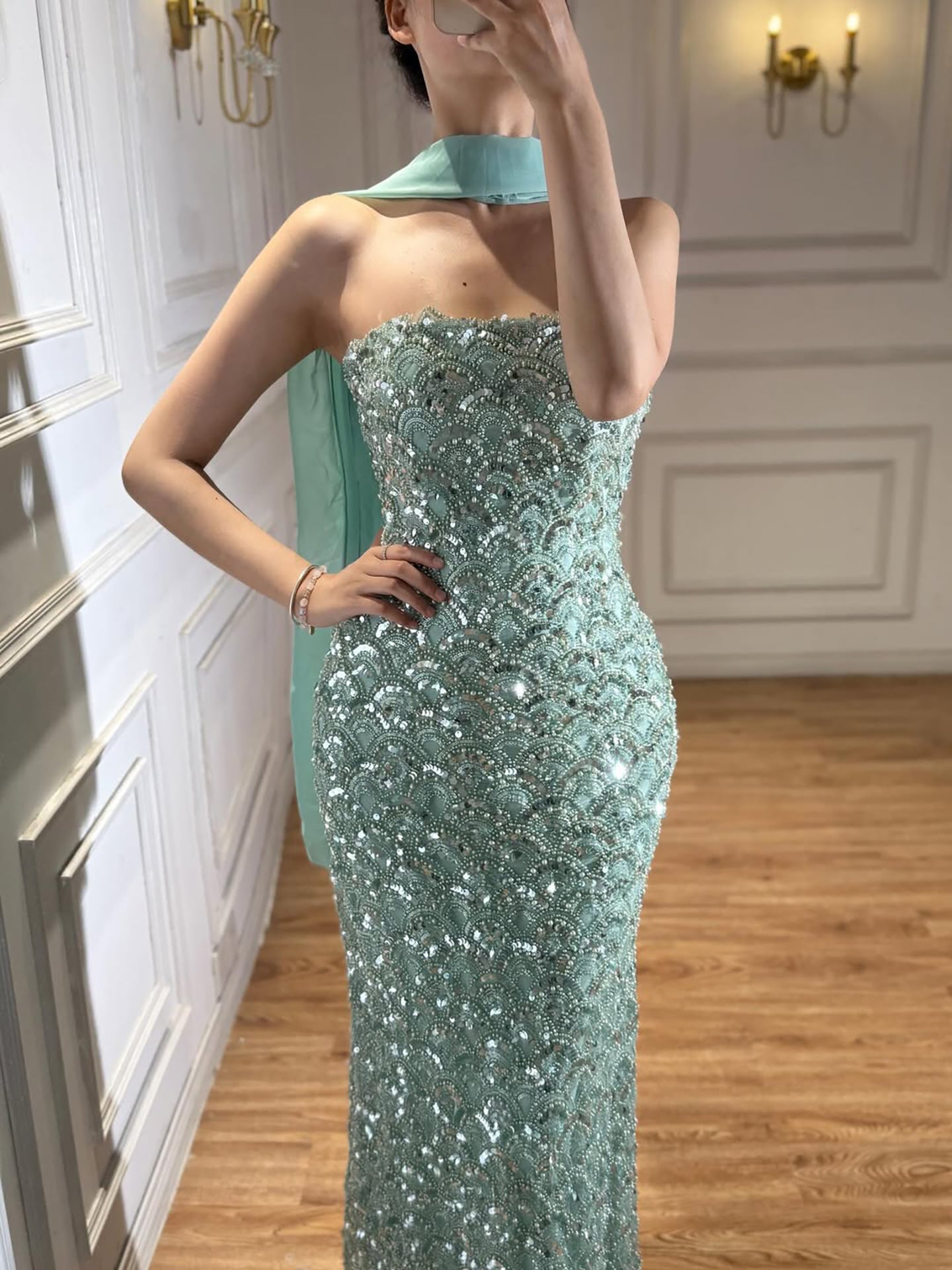 Luxury Sage Green Beaded Strapless Mermaid Evening Dress LA73440A
