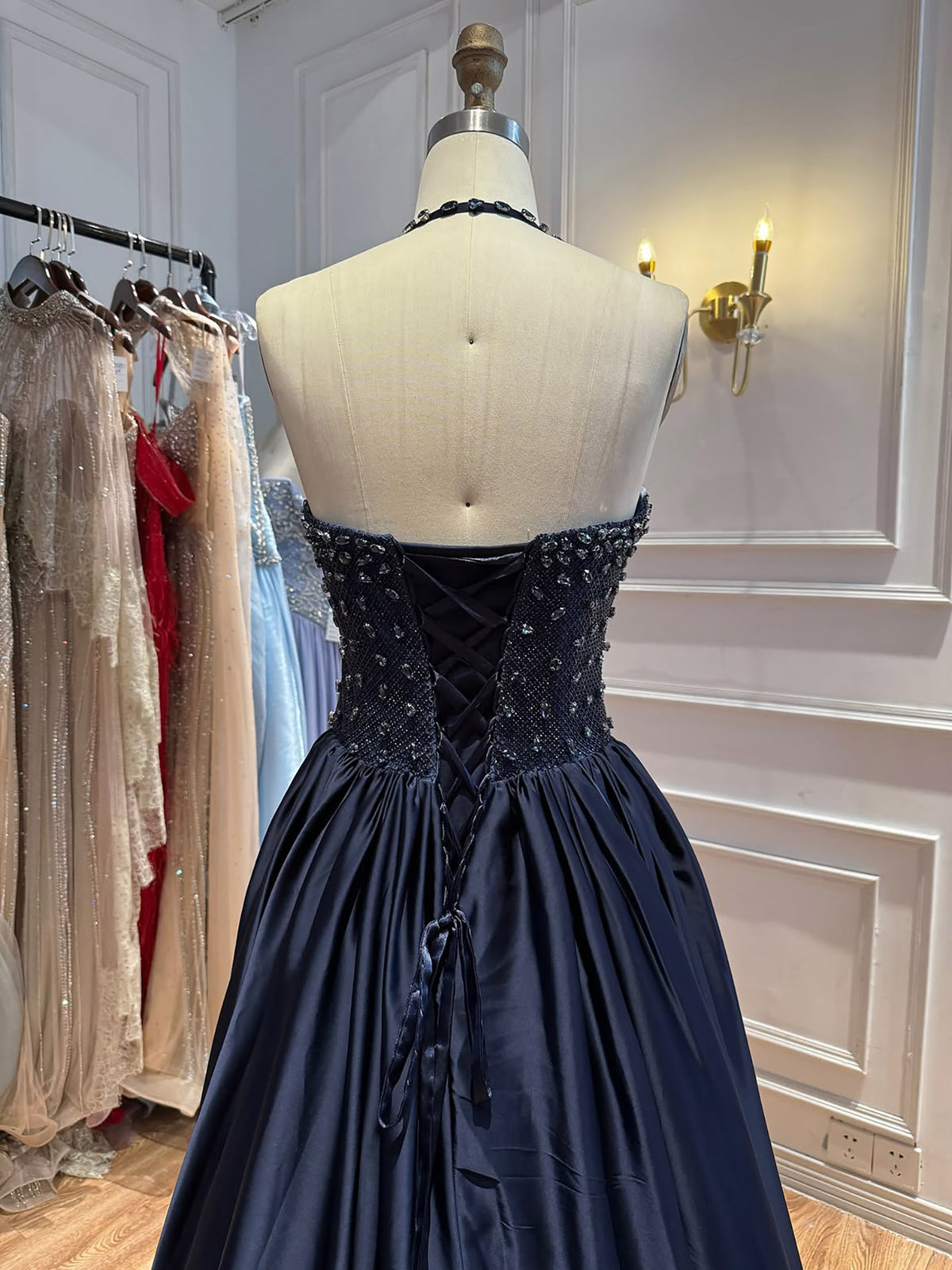 Luxury Gold Diamond Halter Evening Dress Ball Gown LA73441