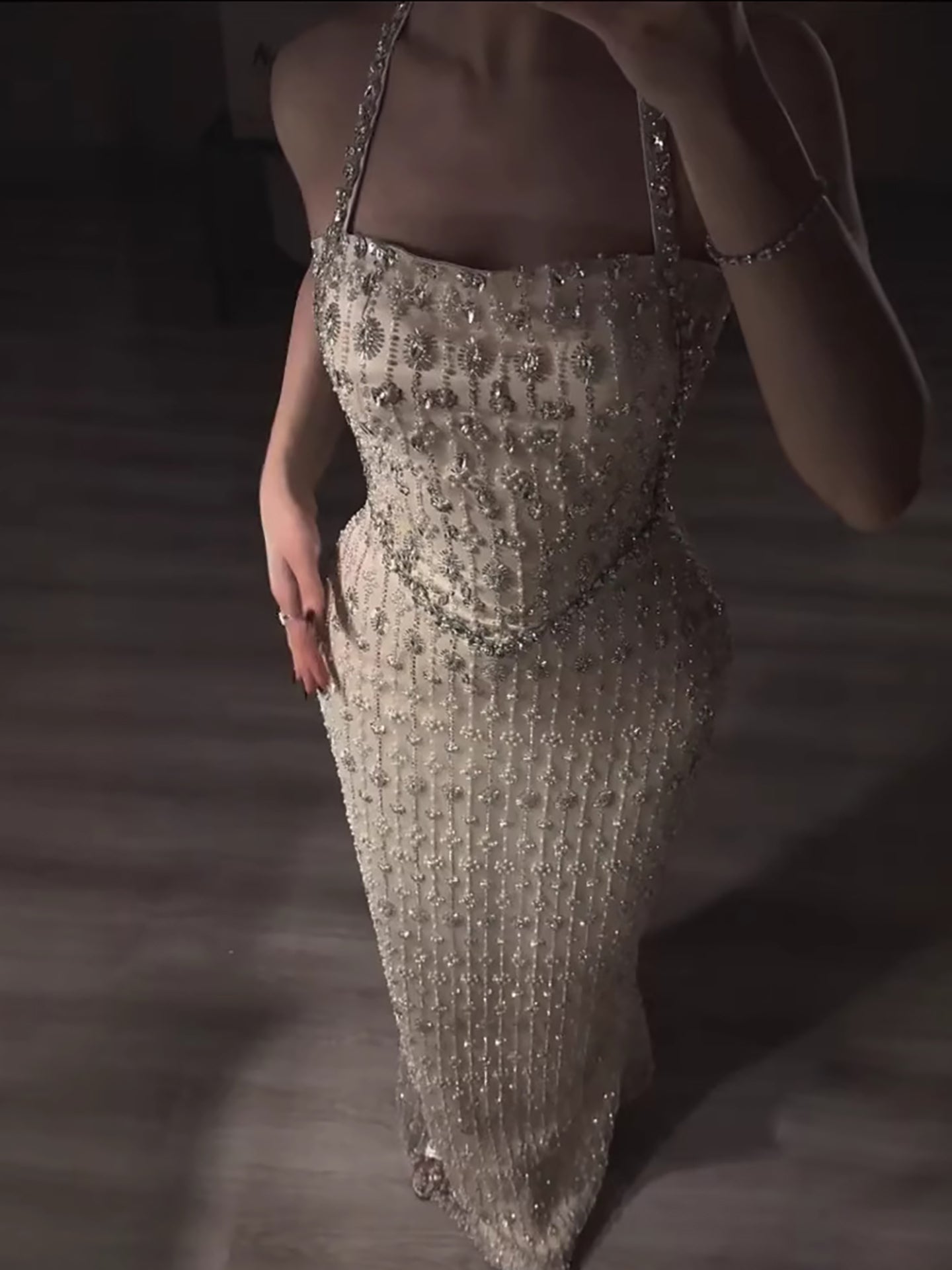 Luxury Nude Halter Neck Elegant Beaded Mermaid Evening Dress LA73442