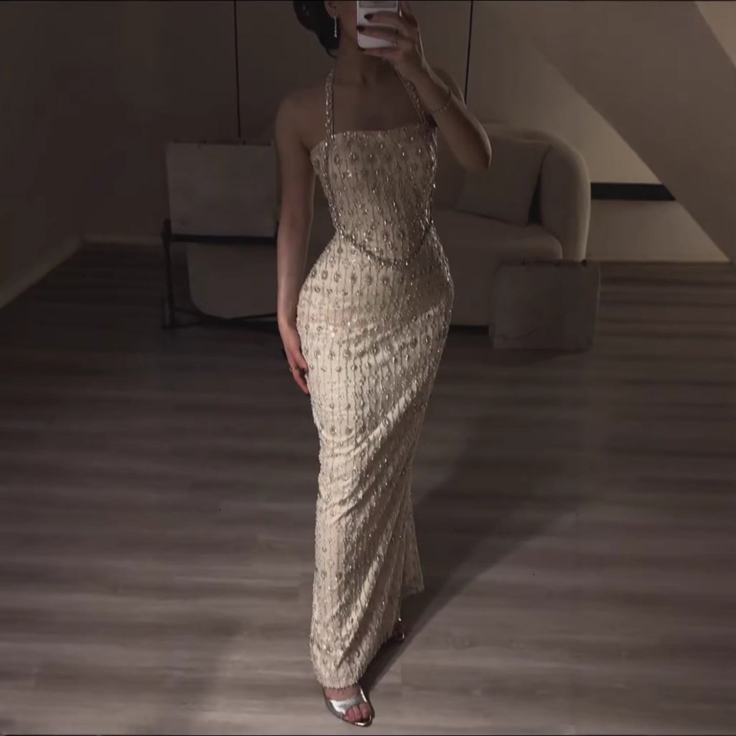 Luxury Nude Halter Neck Elegant Beaded Mermaid Evening Dress LA73442