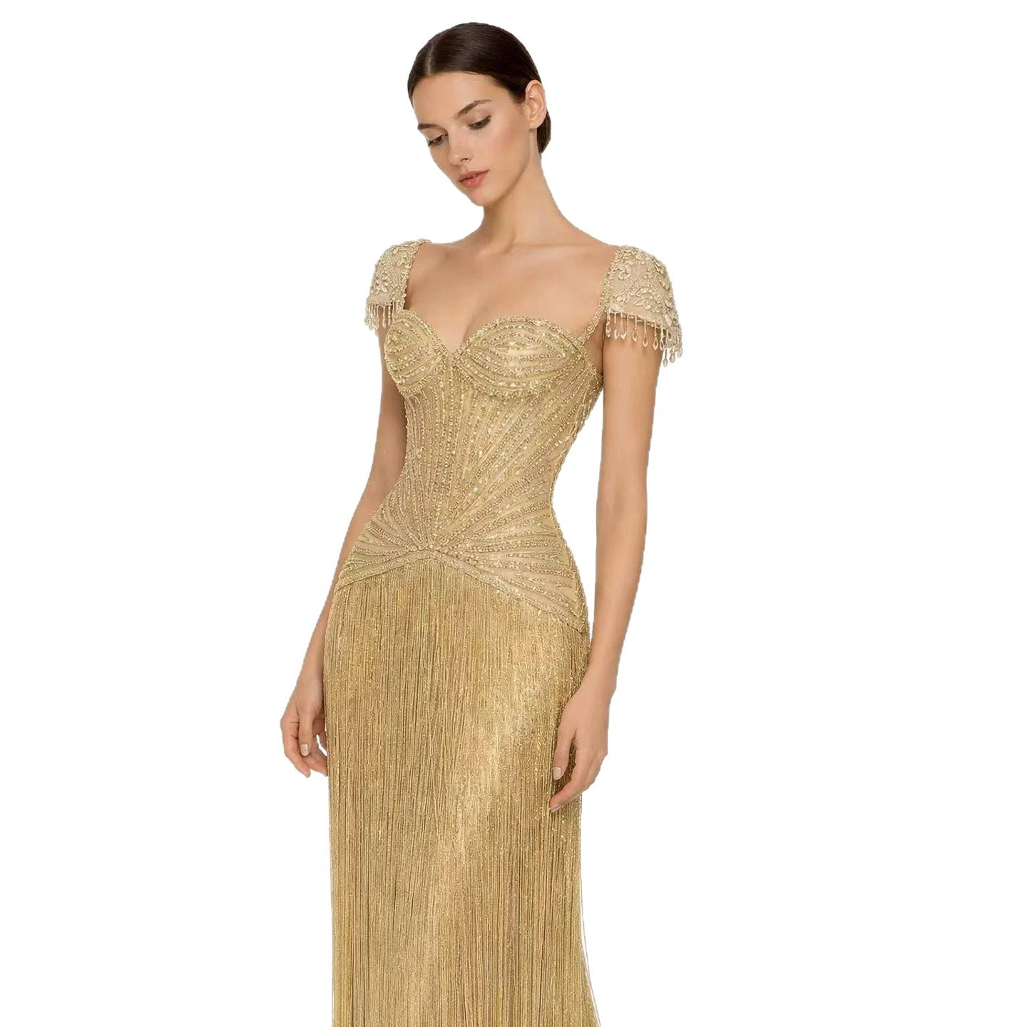 Luxury Gold Beaded Tassel Cap Sleeve Evening Dress LA73446A