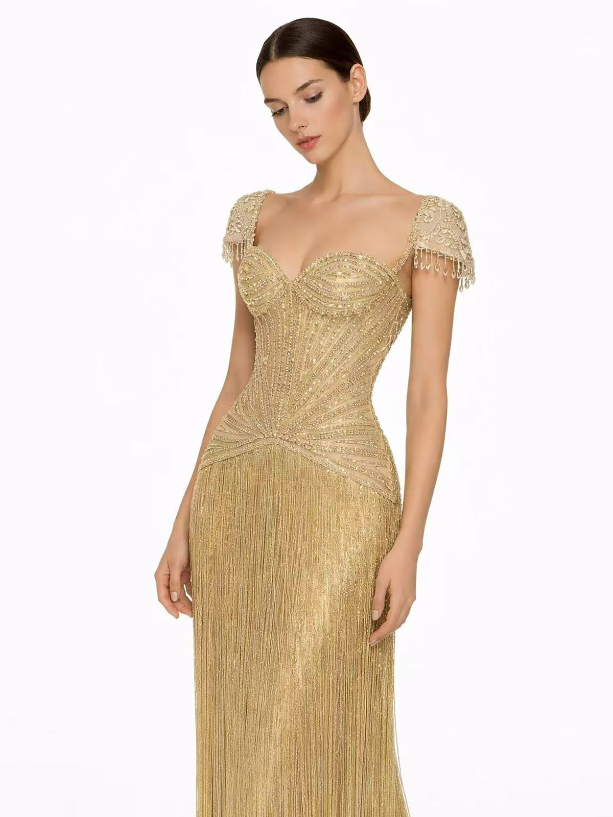 Luxury Gold Beaded Tassel Cap Sleeve Evening Dress LA73446A