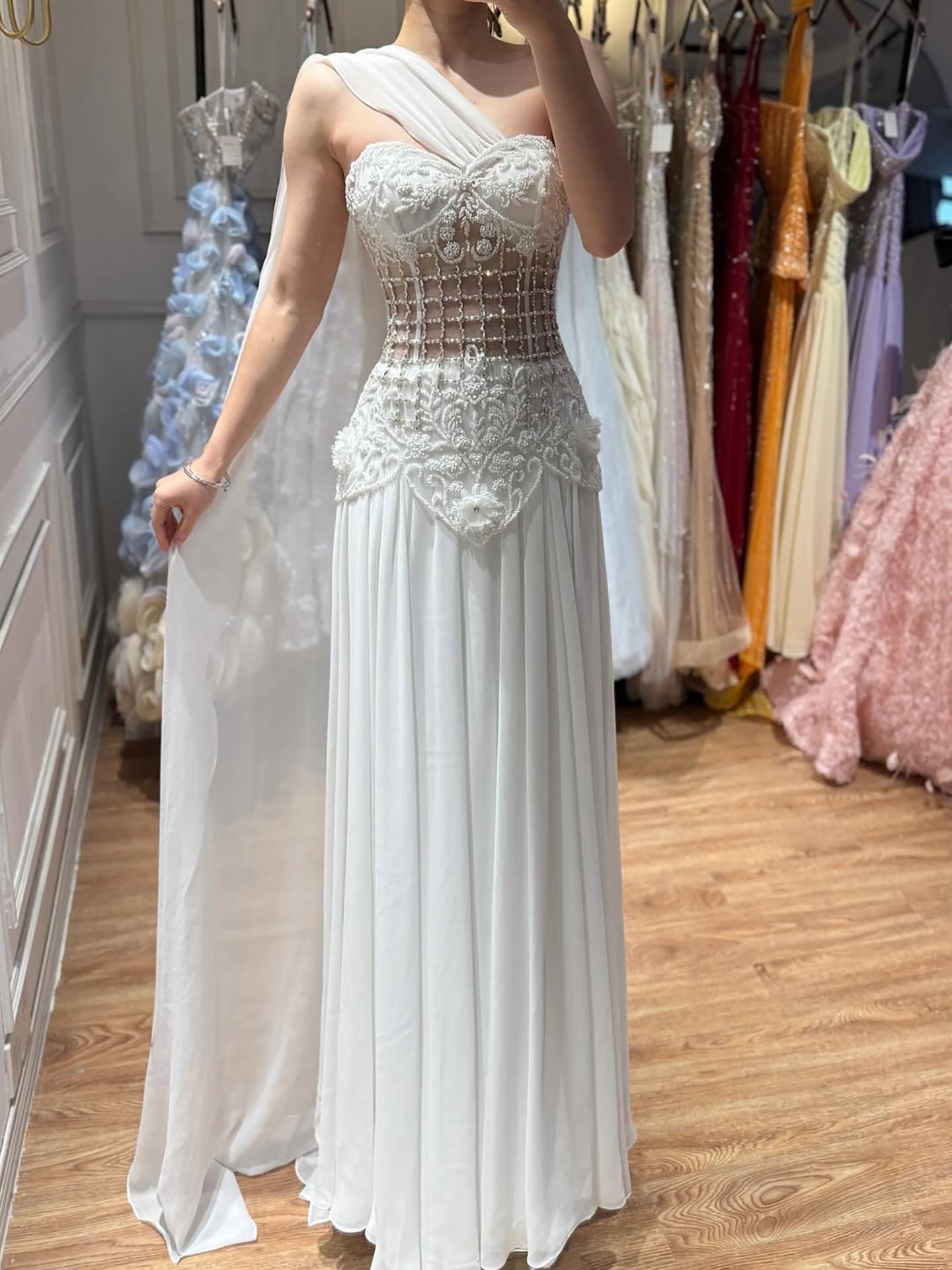 Luxury Pink Arabic Floral chiffon Evening Dress With Cape LA73451 - SERENE HILL