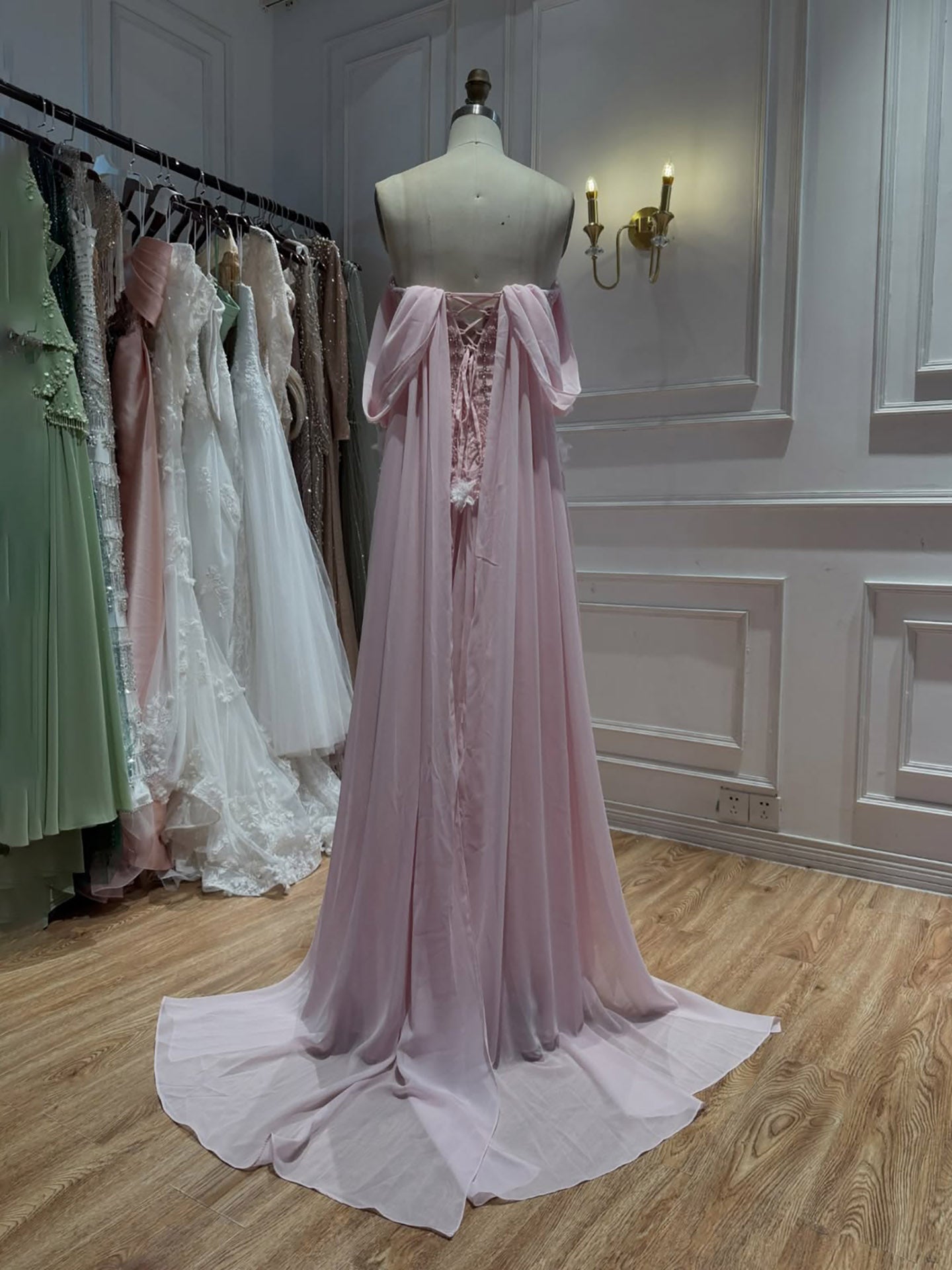 Luxury Pink Beaded Off Shoulder A Line Chiffon Evening Dress LA73451A SERENE HILL