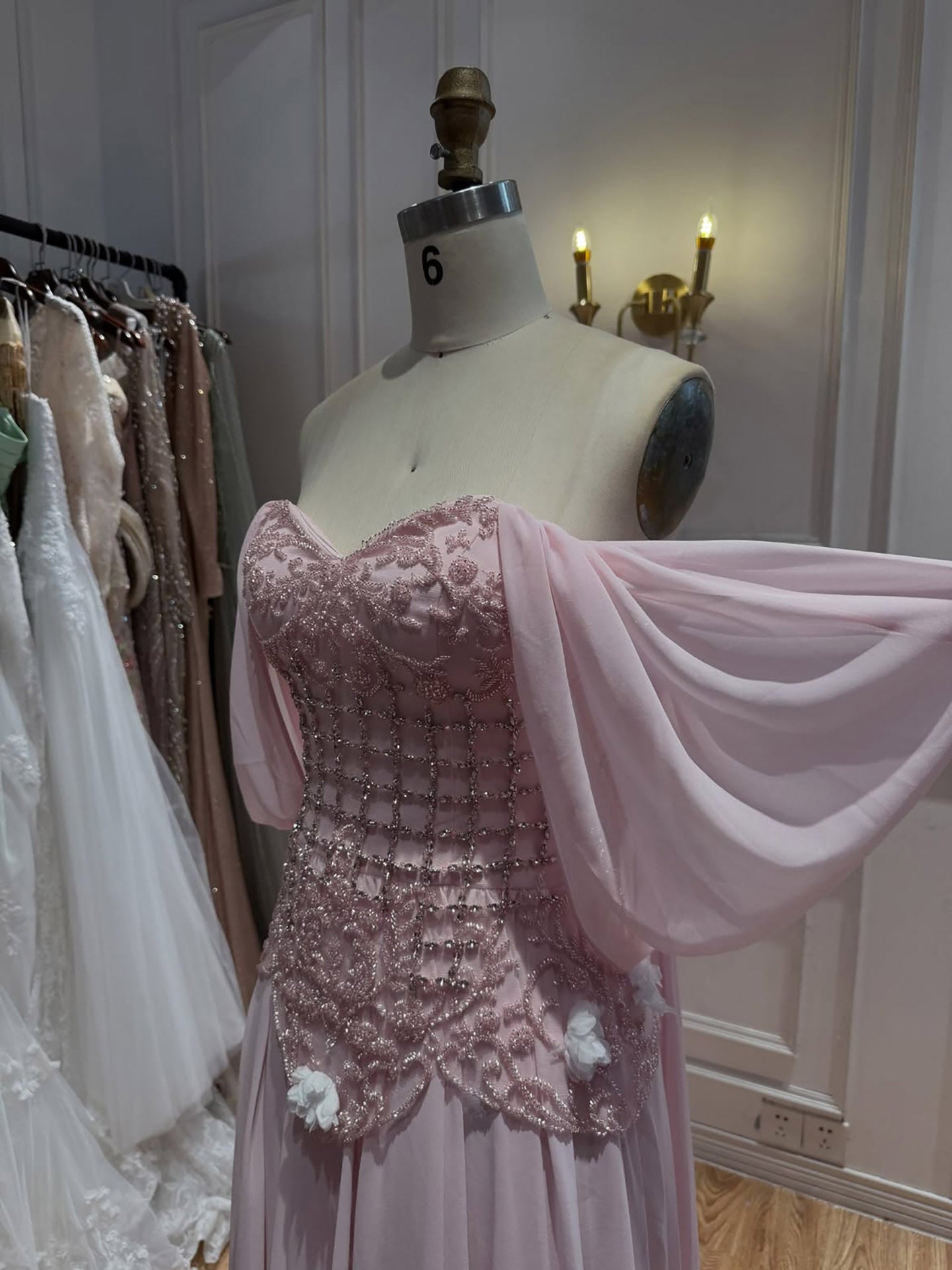 Luxury Pink Beaded Off Shoulder A Line Chiffon Evening Dress LA73451A SERENE HILL