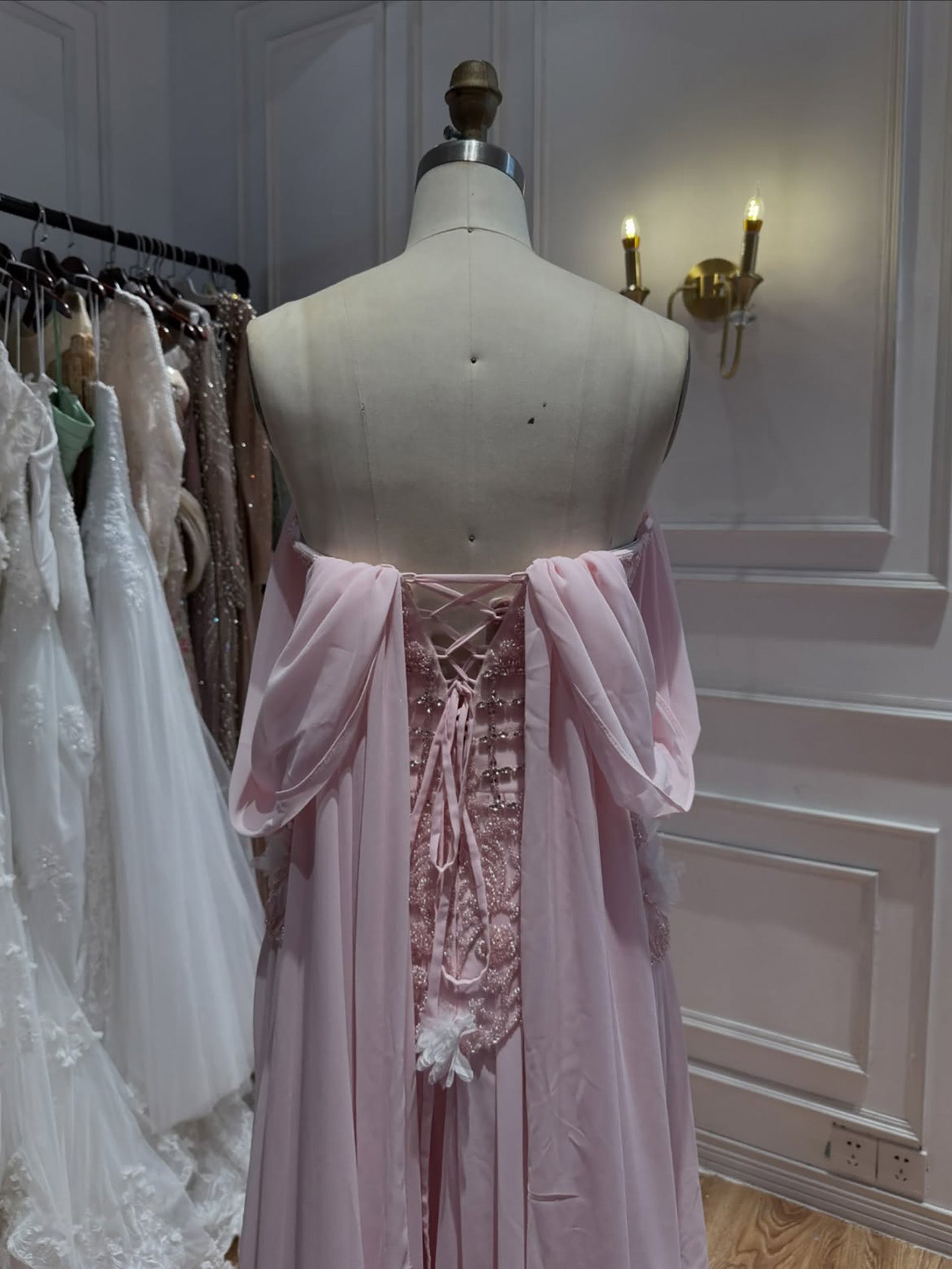 Luxury Pink Beaded Off Shoulder A Line Chiffon Evening Dress LA73451A SERENE HILL