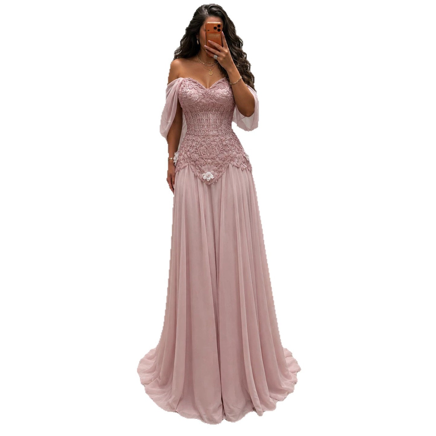 Luxury Pink Beaded Off Shoulder A Line Chiffon Evening Dress LA73451A SERENE HILL
