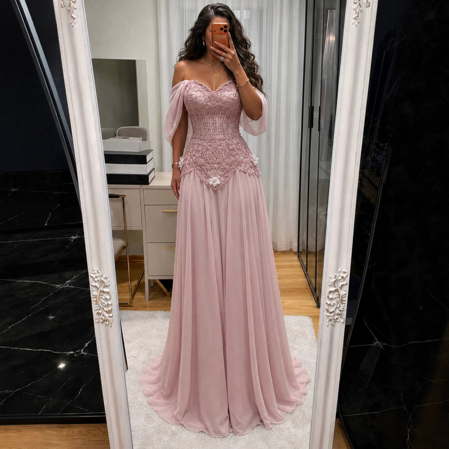 Luxury Pink Beaded Off Shoulder A Line Chiffon Evening Dress LA73451A SERENE HILL