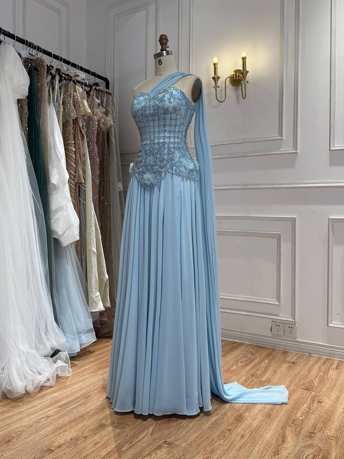 Luxury Pink Arabic Floral chiffon Evening Dress With Cape LA73451 SERENE HILL