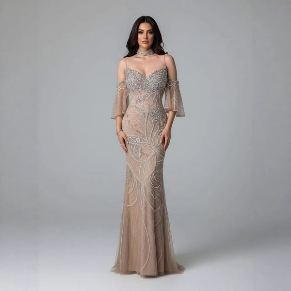 Luxury Nude Diamond Evening Dress With Sheer Sleeves LA73457 – SERENE HILL