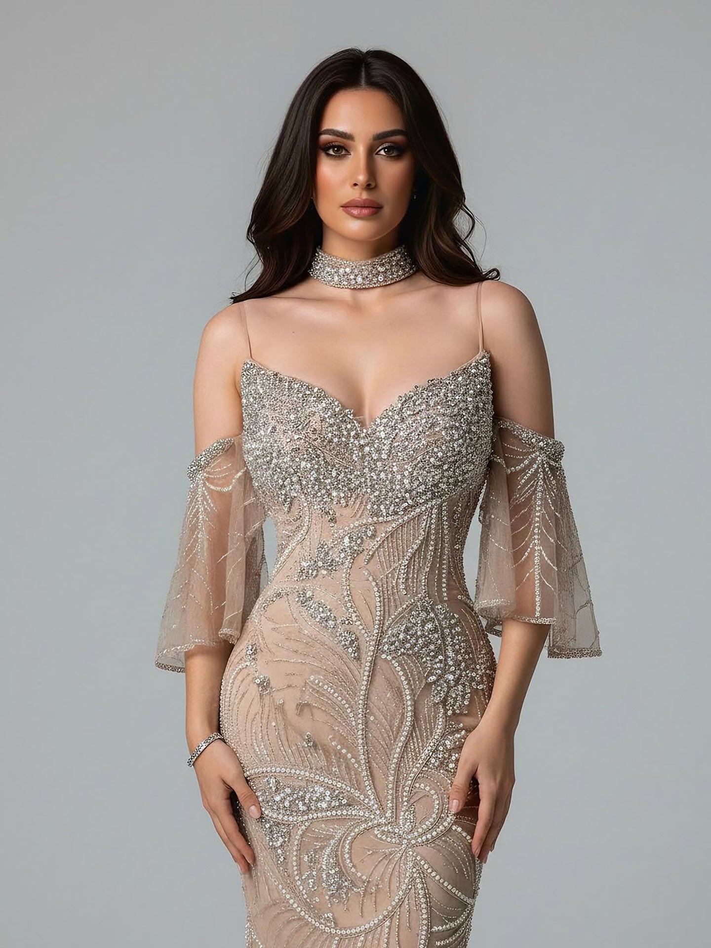 Luxury Nude Diamond Evening Dress With Sheer Sleeves LA73457