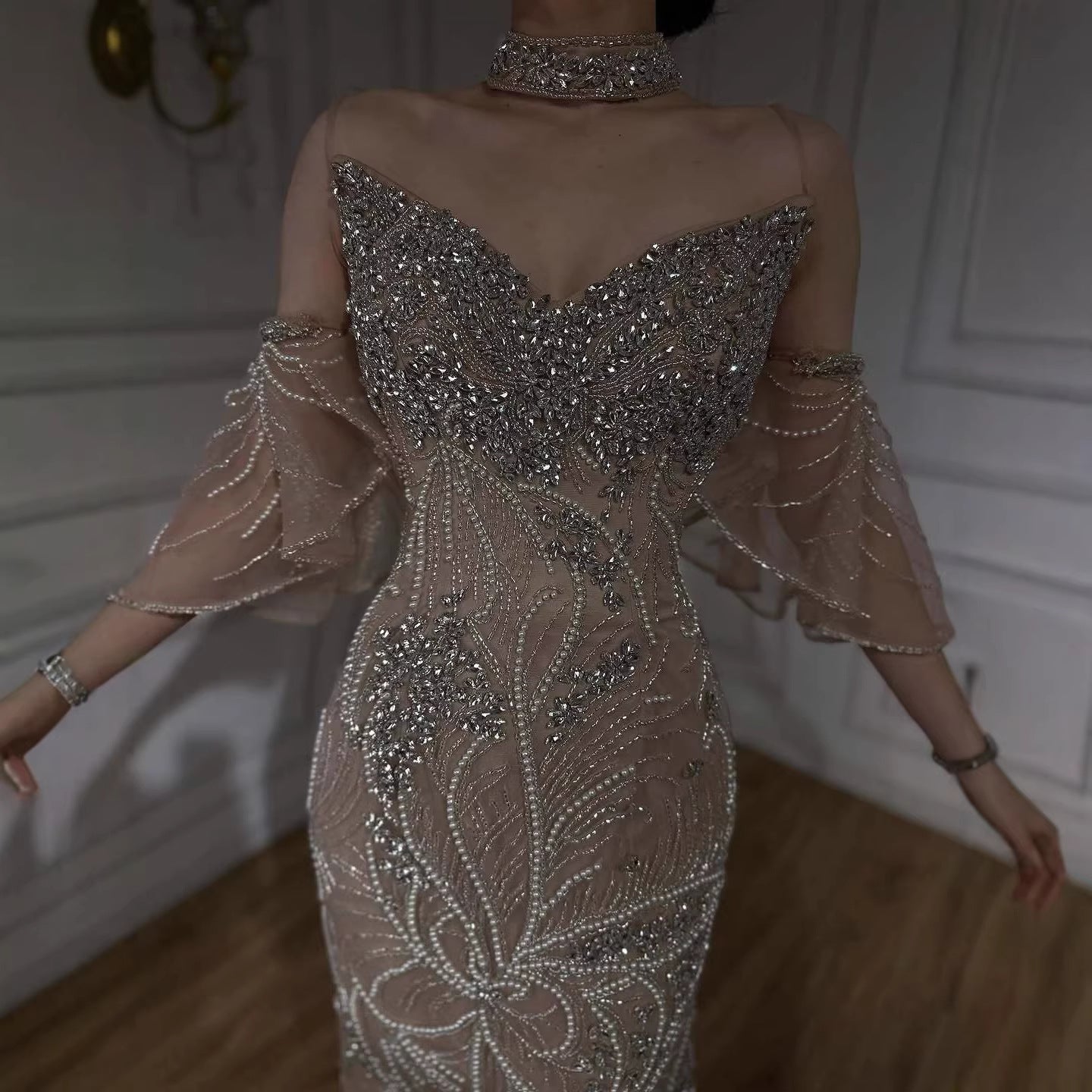 Luxury Nude Diamond Evening Dress With Sheer Sleeves LA73457