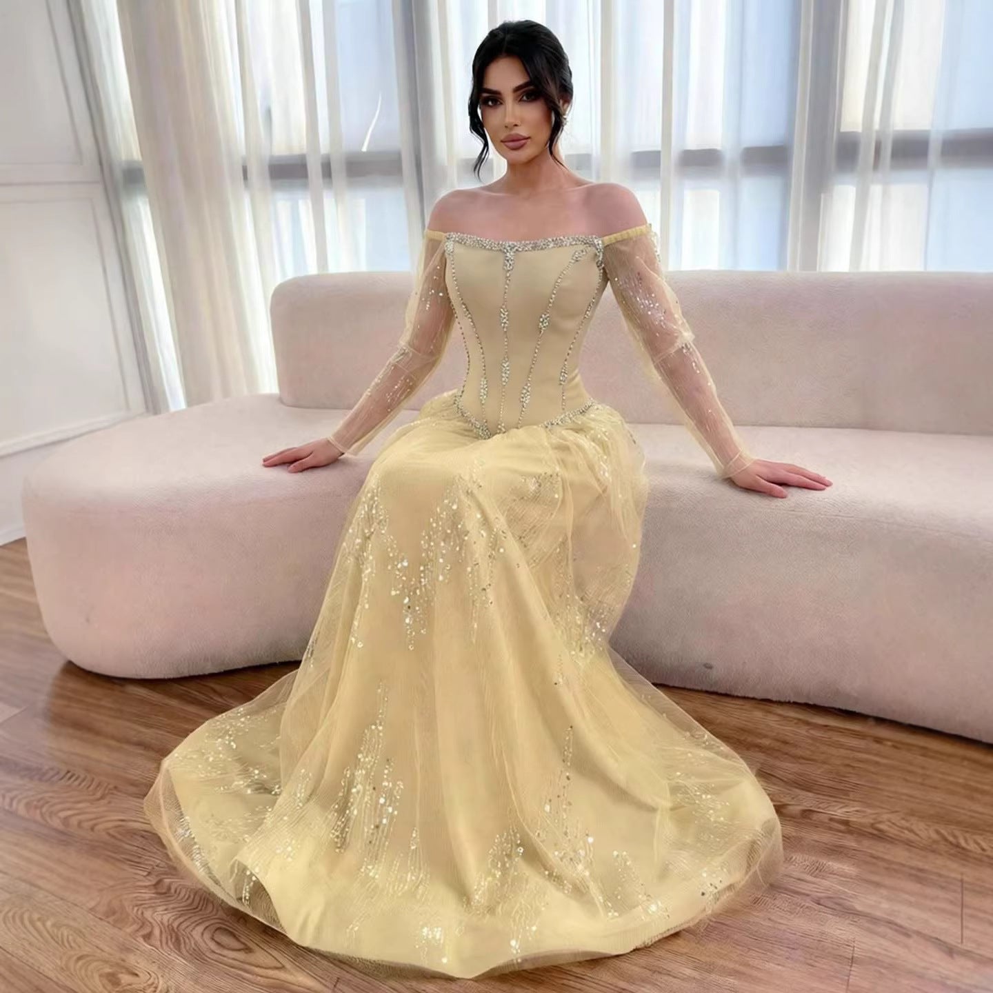 Luxury Arabic Blue Off Shoulder Beaded A-Line Evening Dress with Sleeves LA73464