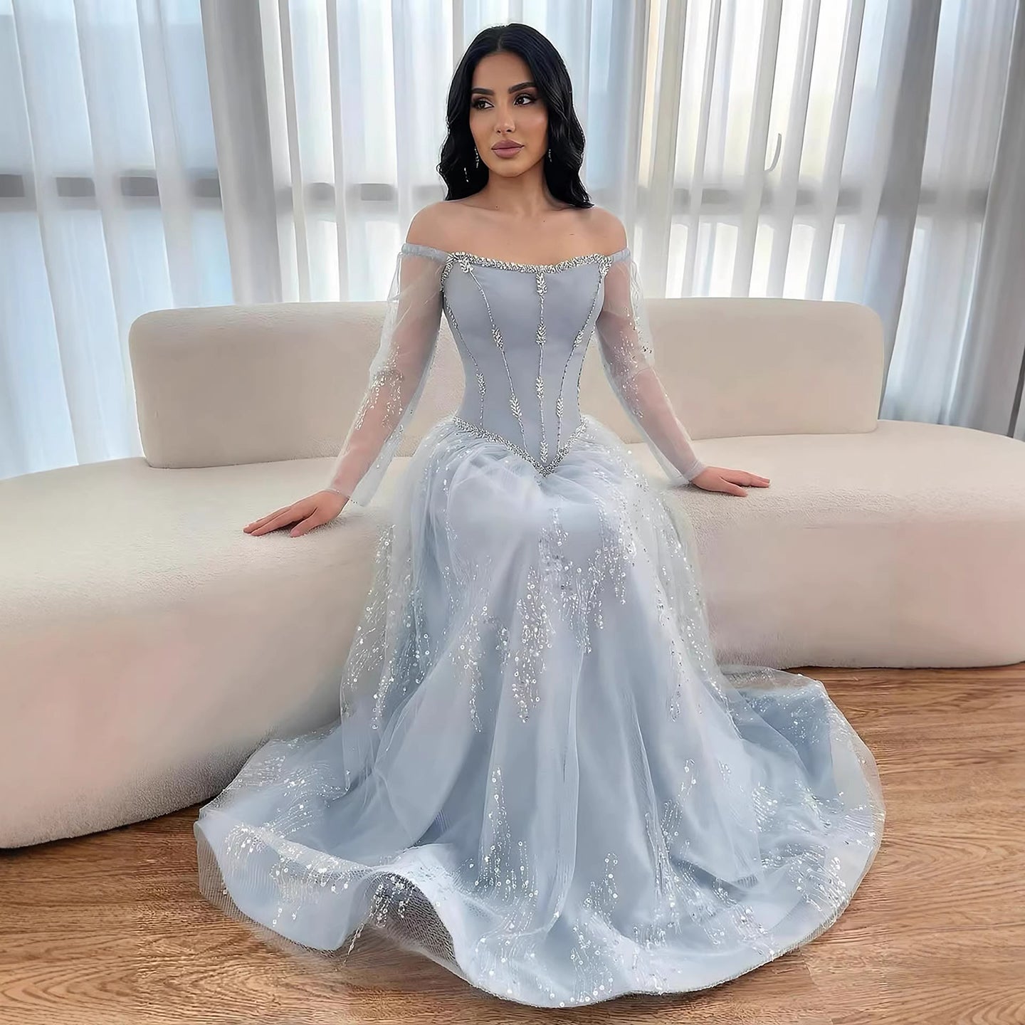 Luxury Arabic Blue Off Shoulder Beaded A-Line Evening Dress with Sleeves LA73464