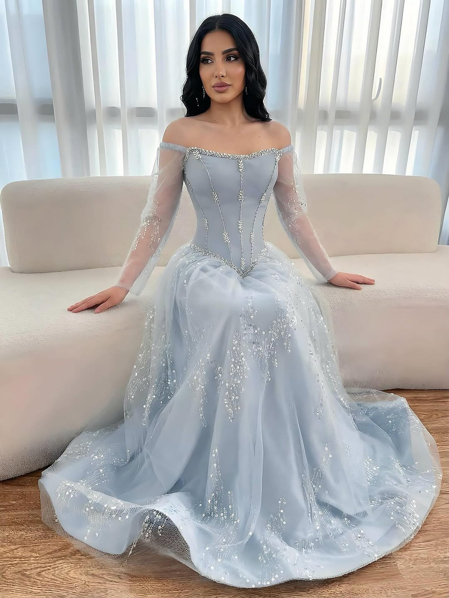 Luxury Arabic Blue Off Shoulder Beaded A-Line Evening Dress with Sleeves LA73464