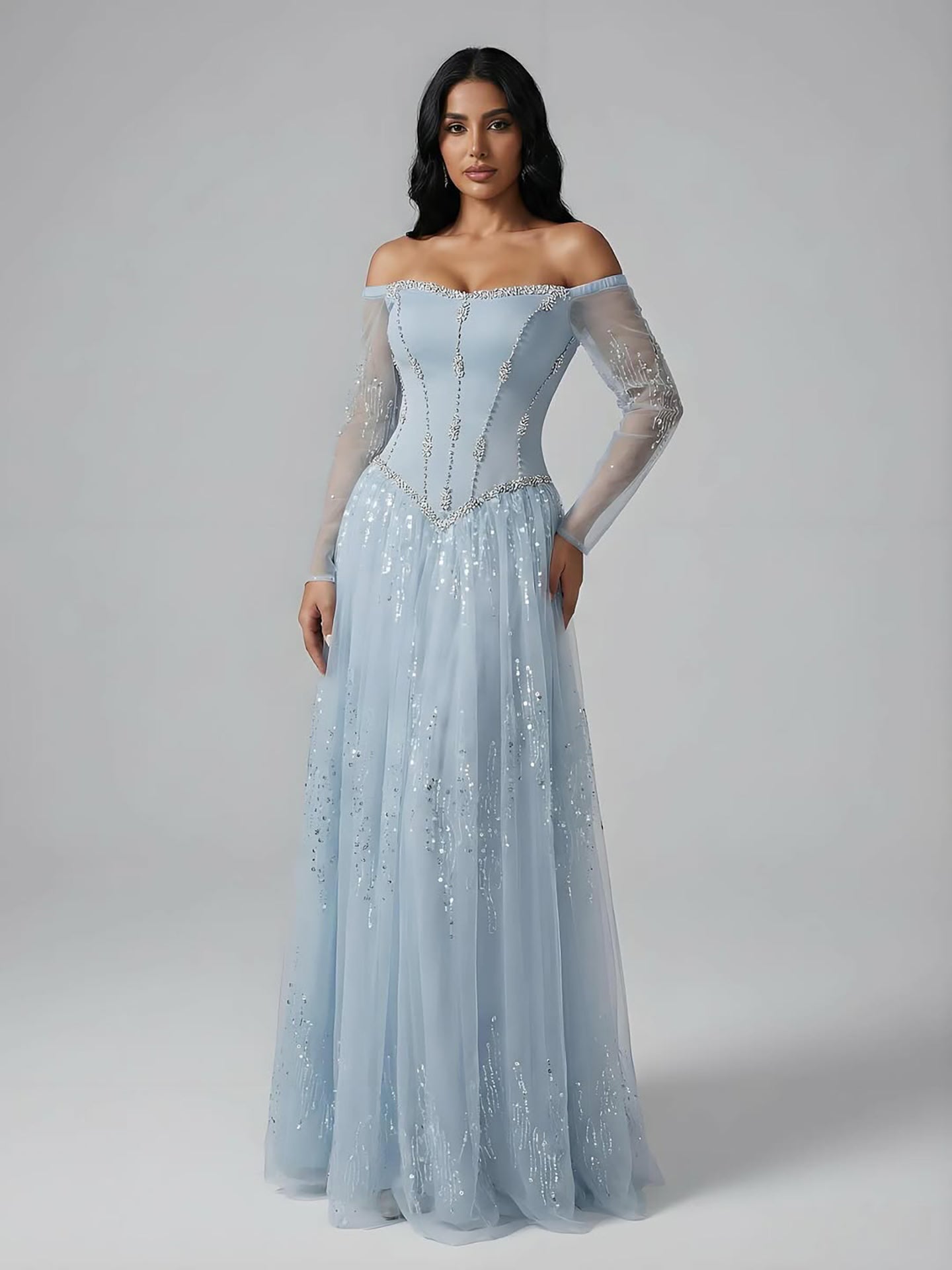 Luxury Arabic Blue Off Shoulder Beaded A-Line Evening Dress with Sleeves LA73464