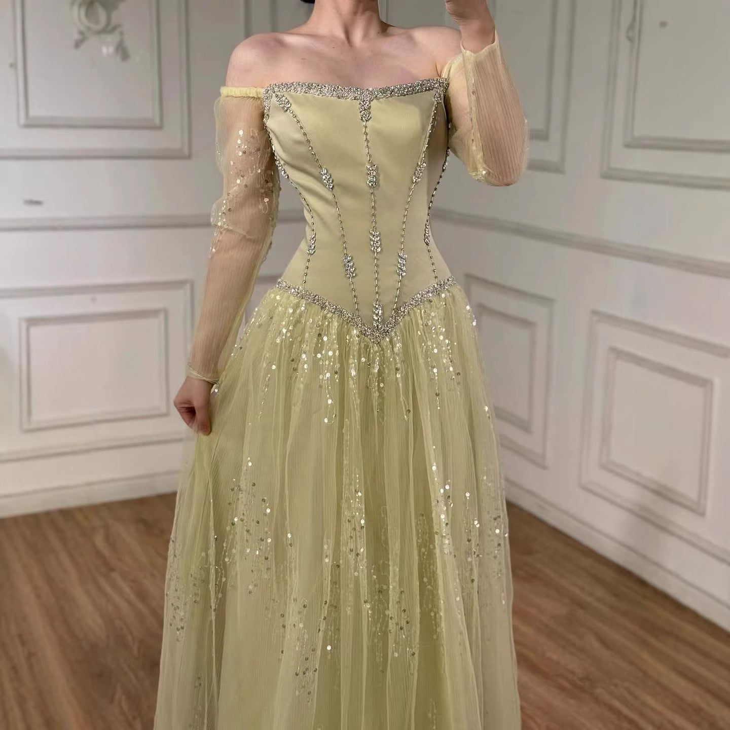 Luxury Arabic Blue Off Shoulder Beaded A-Line Evening Dress with Sleeves LA73464