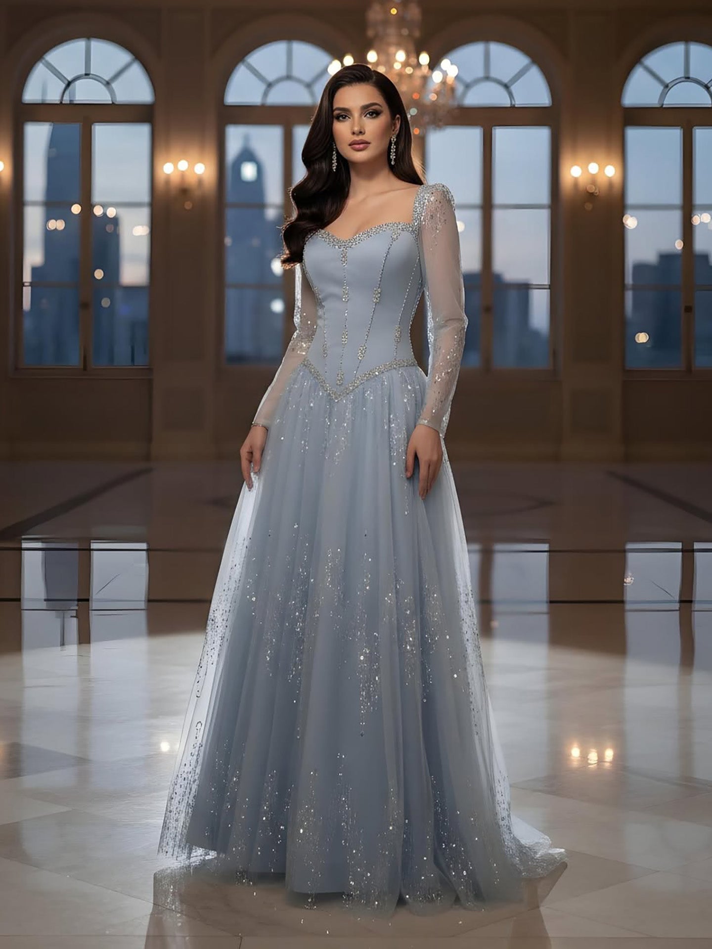 Luxury Blue Crystal Beaded A Line Evening Dress With Long Sleeves LA73464A - SERENE HILL