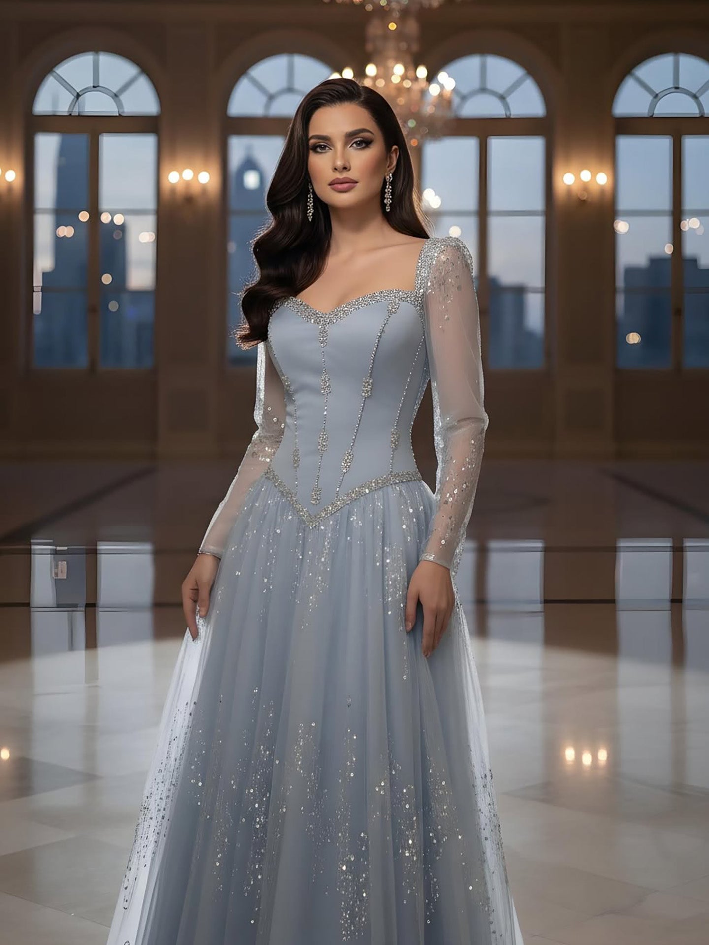 Luxury Blue Crystal Beaded A Line Evening Dress With Long Sleeves LA73464A - SERENE HILL
