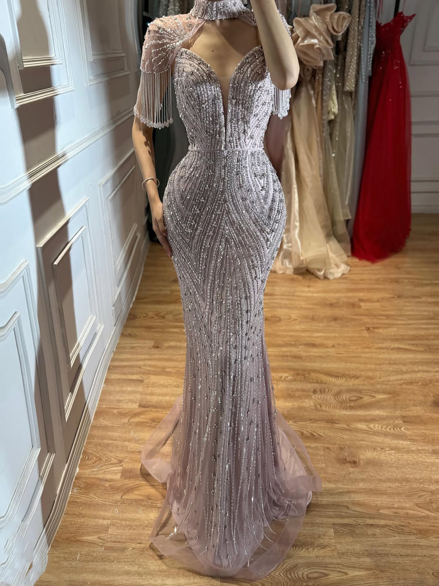 Luxury Arabic Nude Beaded Tassel Mermaid Evening Dress LA73466 SERENE HILL