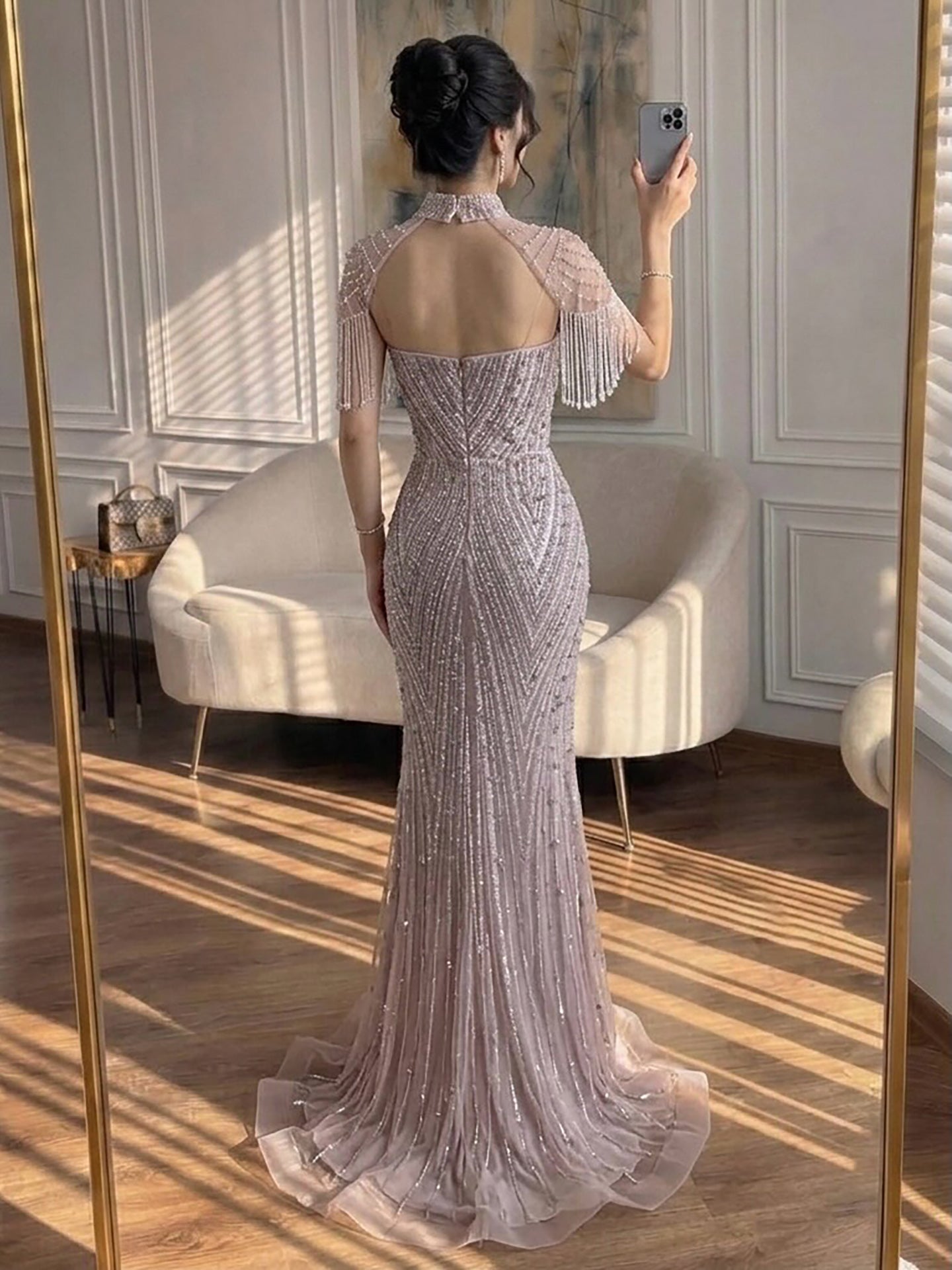 Luxury Arabic Nude Beaded Tassel Mermaid Evening Dress LA73466 SERENE HILL