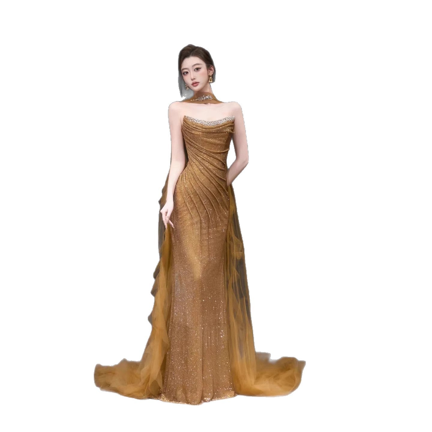 Luxury Gold Strapless Beaded Mermaid Evening Dress with Scarf LA73468 - SERENE HILL